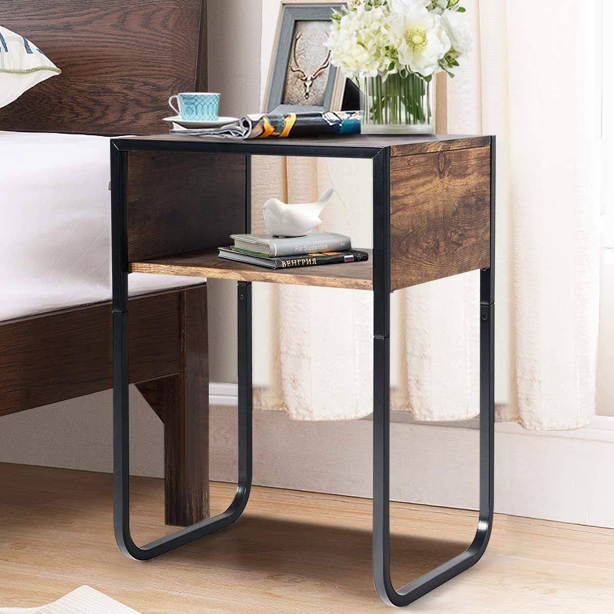 Giantex Side Table Industrial W/Drawer and Metal Frame