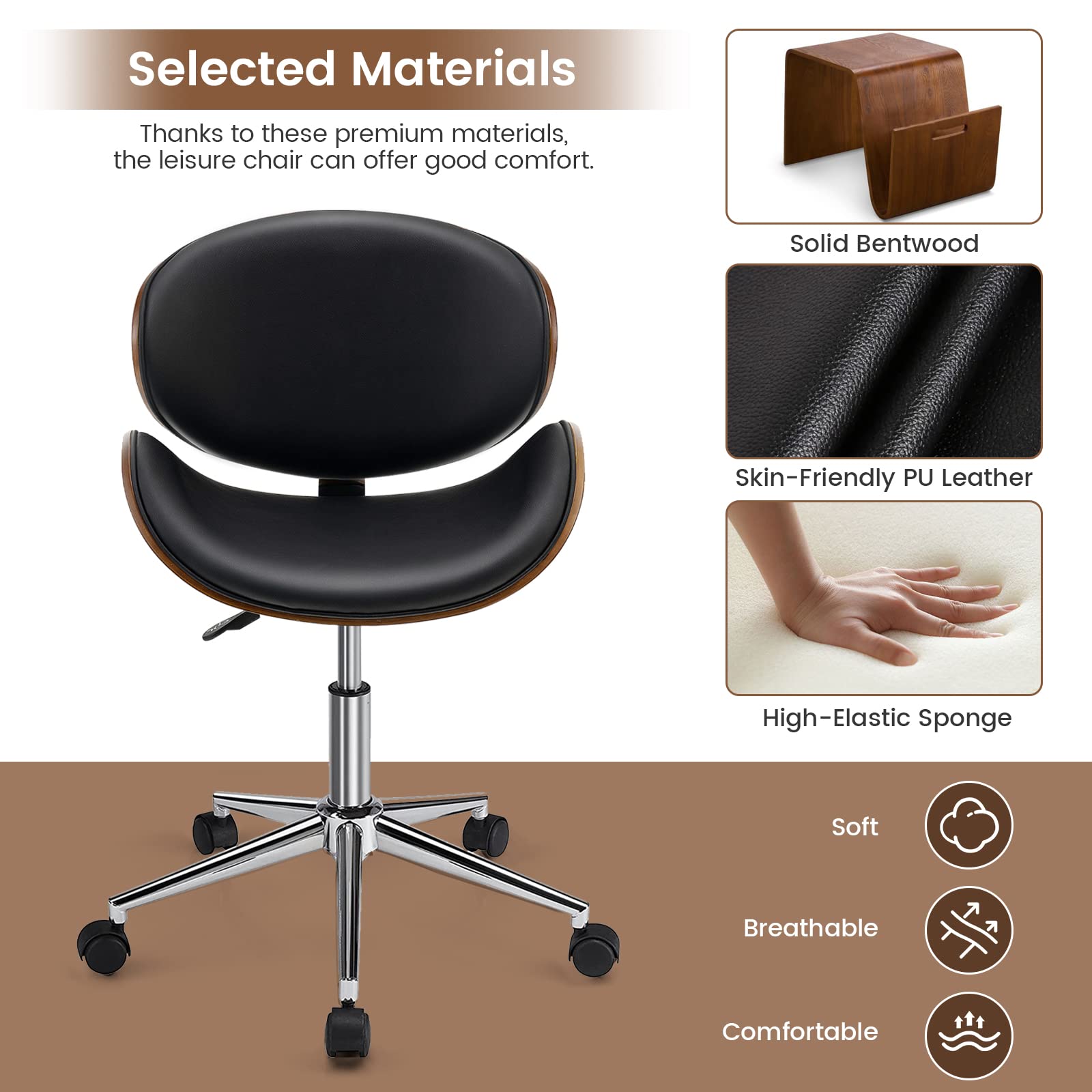 Giantex Home Office Chair, Adjustable Swivel Vanity Chair with Wheels Wing Back Curved Bentwood Seat (Black)