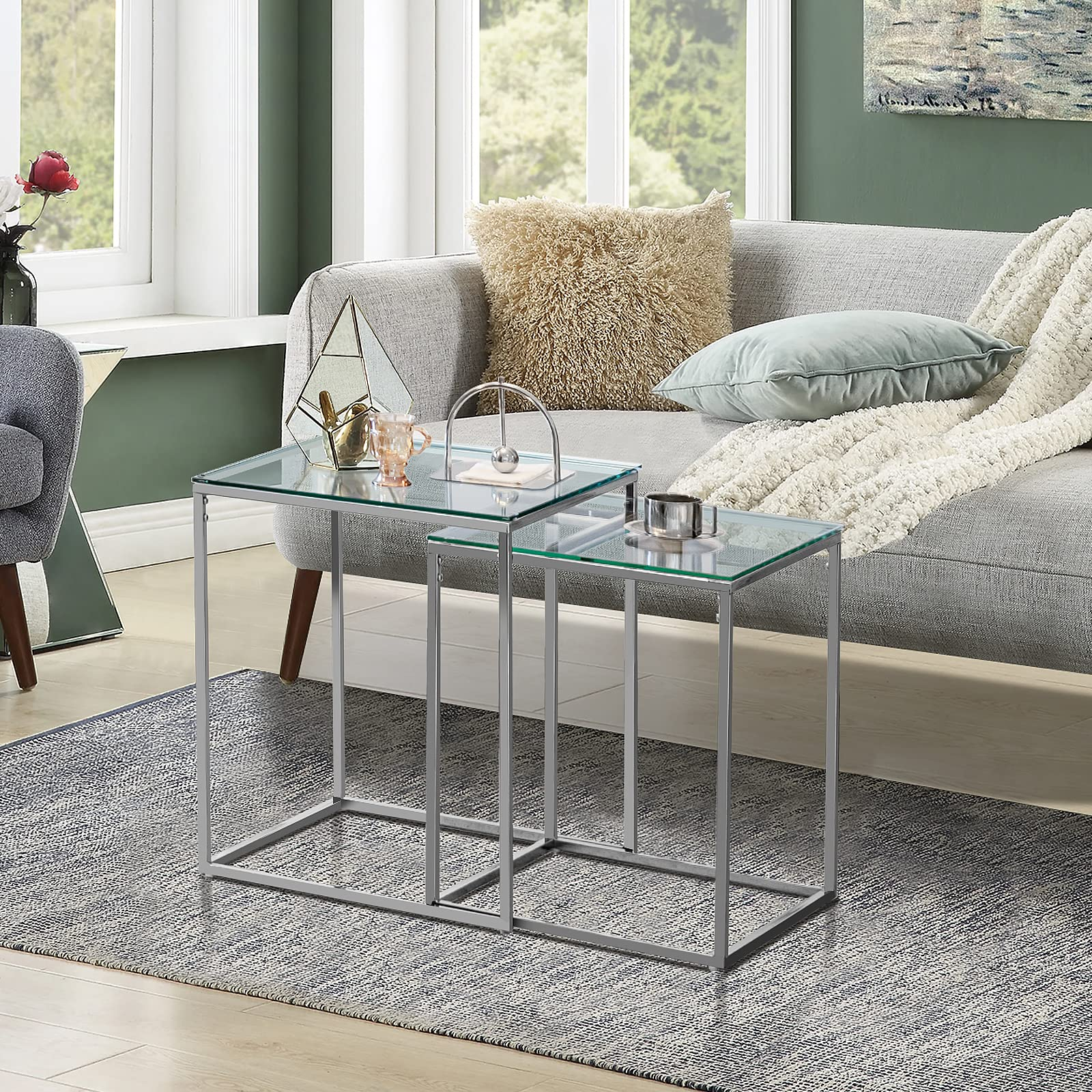 Giantex Nesting Table Set of 2 - Clear End Tables w/Tempered Glass Top & Silver Metal Frame