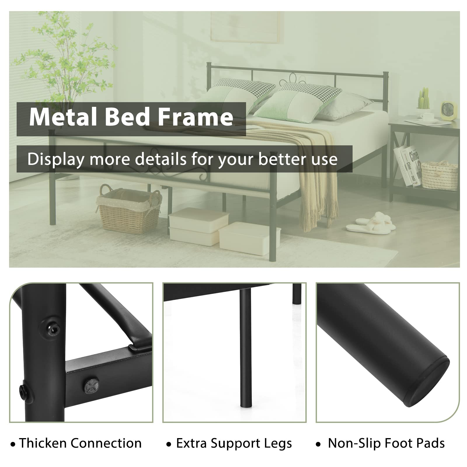 Mattress Foundation w/Heavy Duty Steel Slat Support, No Box Spring Needed