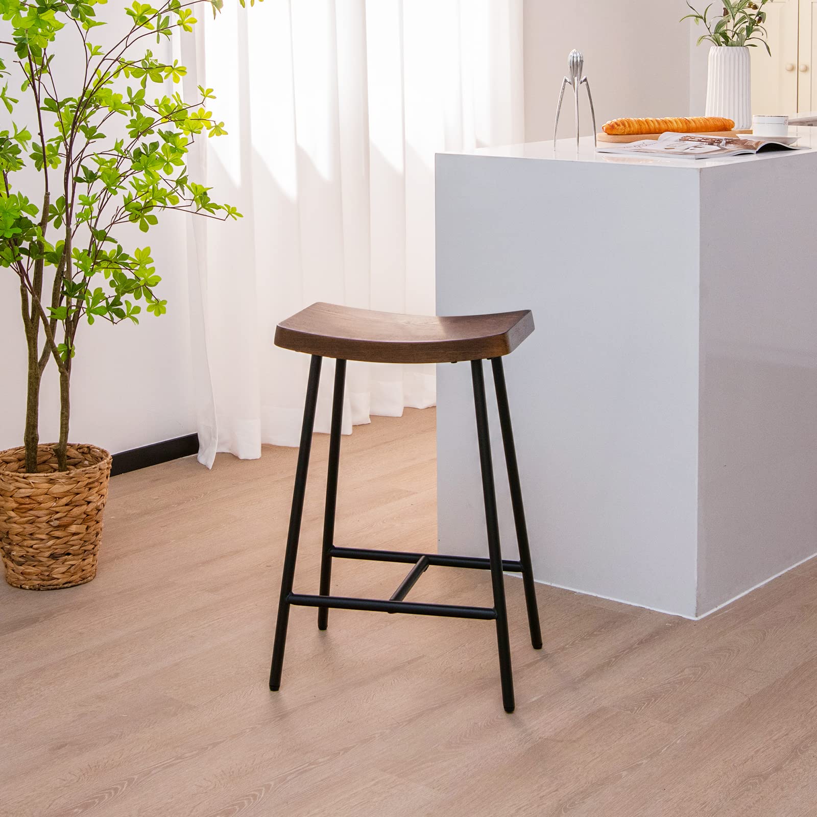 Industrial Saddle Stool with Footrest, Metal Legs, Adjustable Foot Pads, Backless Counter Height Chair for Living Room Kitchen Bar