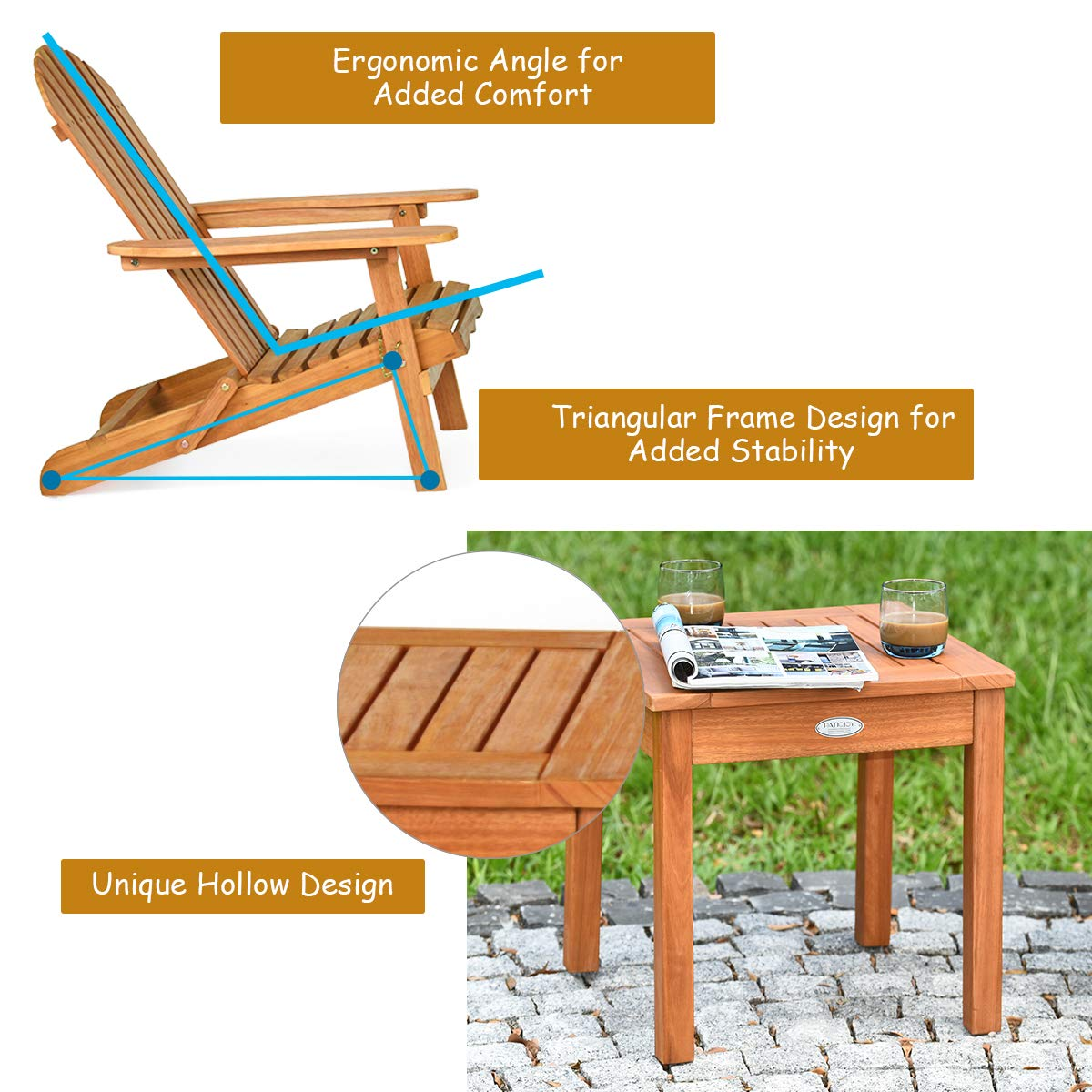 Giantex Adirondack Chair Set 3-Piece Foldable Wooden Chairs Set