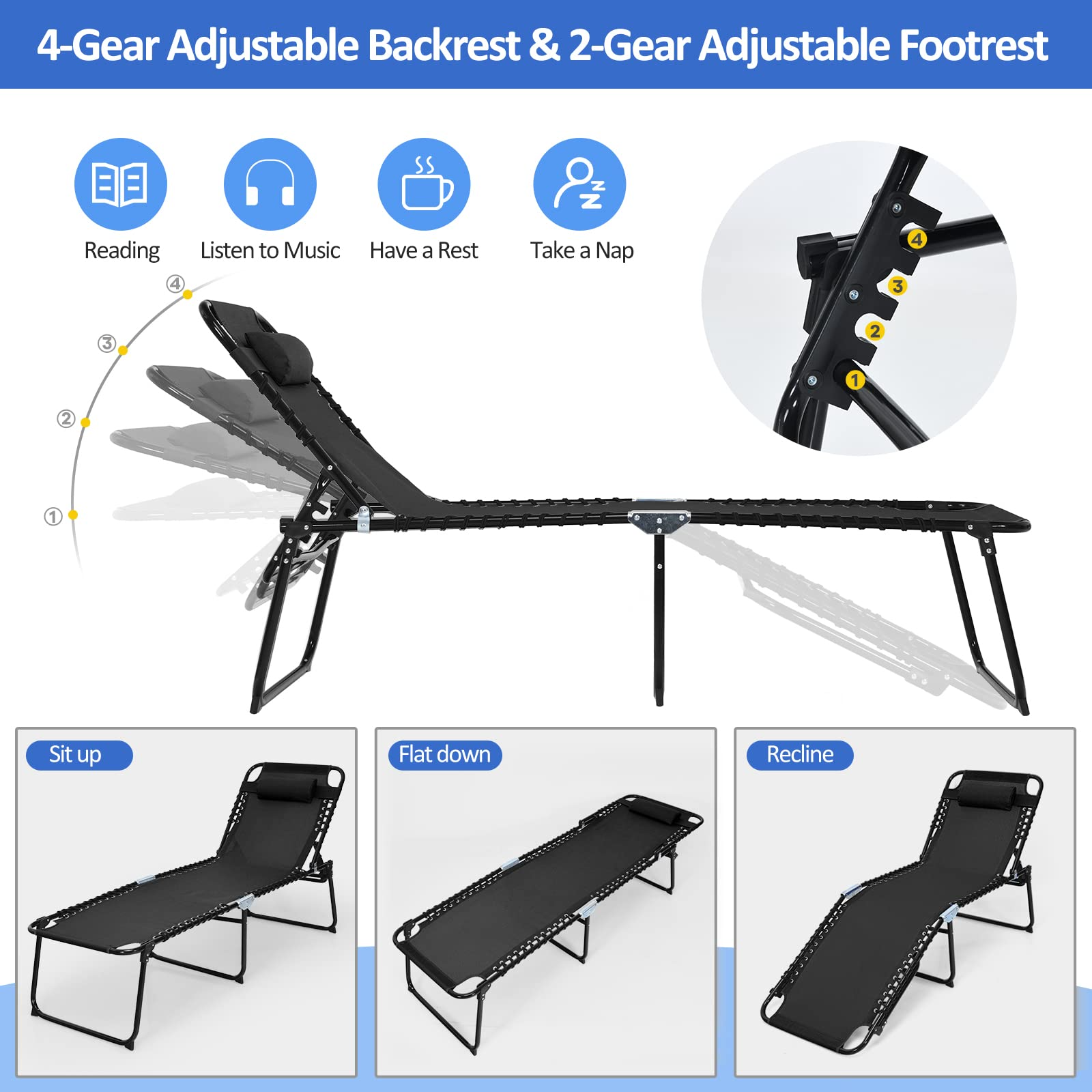 Folding Chaise Lounge Chair, Adjustable Beach Chair, Folding Patio Recliner