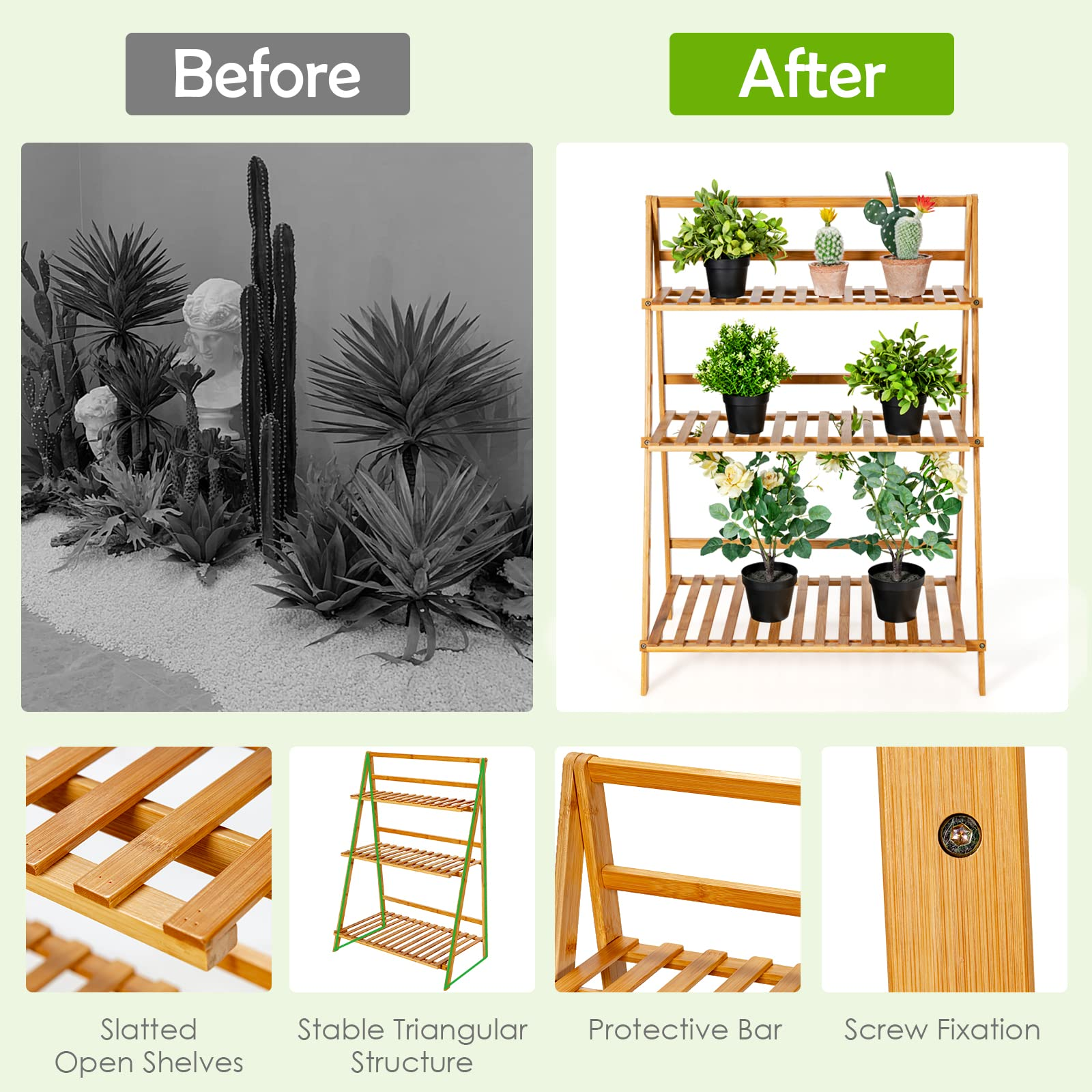 Giantex 3 Tier Folding Storage Shelf, Bamboo Ladder Plant Stand