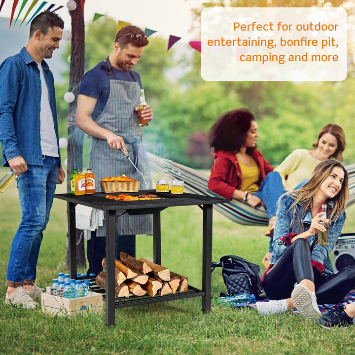 4-in-1 Wood Burning Fire Pit, Square Firepit Table with Mesh Cover