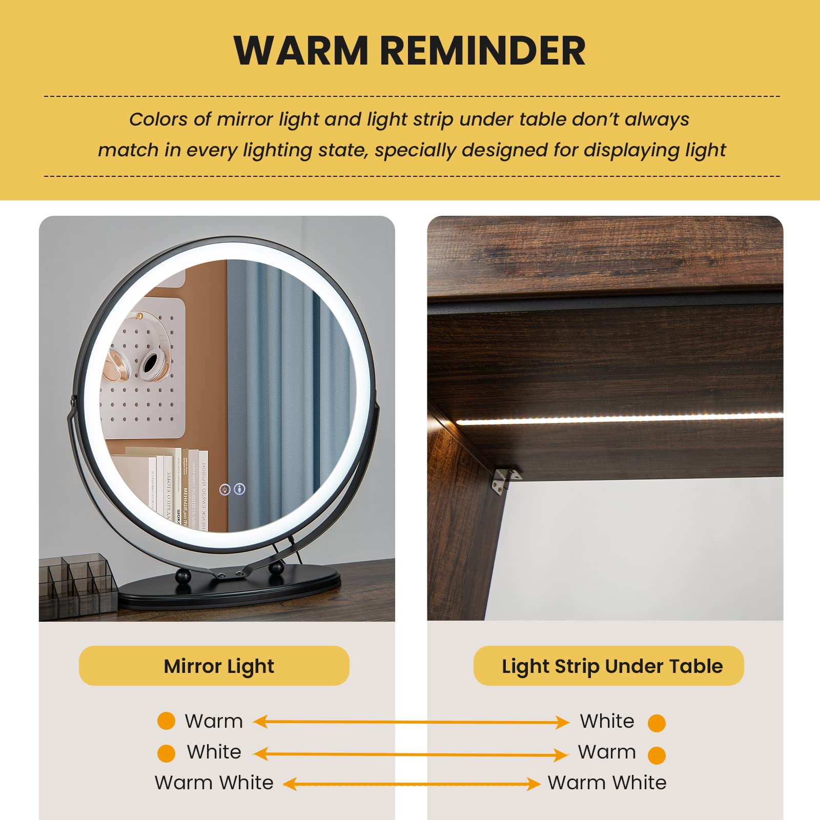 CHARMAID Vanity Table Set with 3-Color Dimmable Lighted Mirror