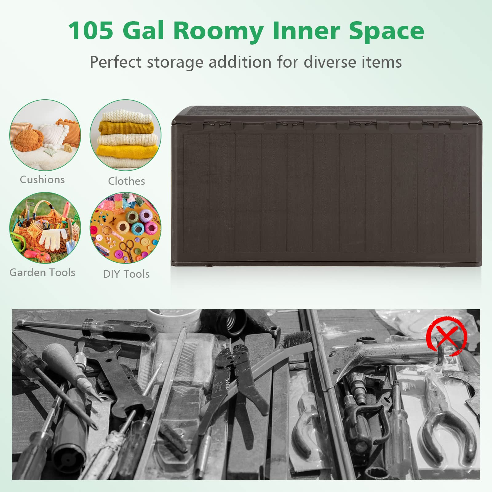 Outdoor Storage Deck Box Patio Bin - 105 Gallon Indoor/Outside Storage Box with Lockable Lid