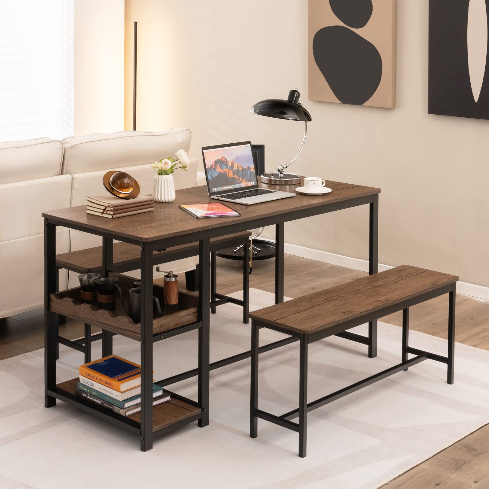 Giantex 3-Piece Dining Table Set for 4, Rustic Kitchen Dinner Table with 2 Benches