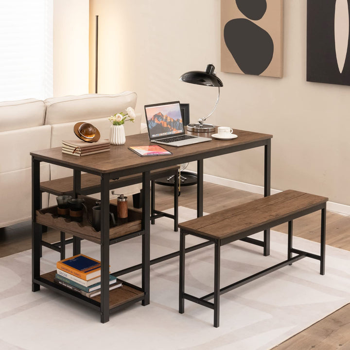 Giantex 3-Piece Dining Table Set for 4, Rustic Kitchen Dinner Table with 2 Benches