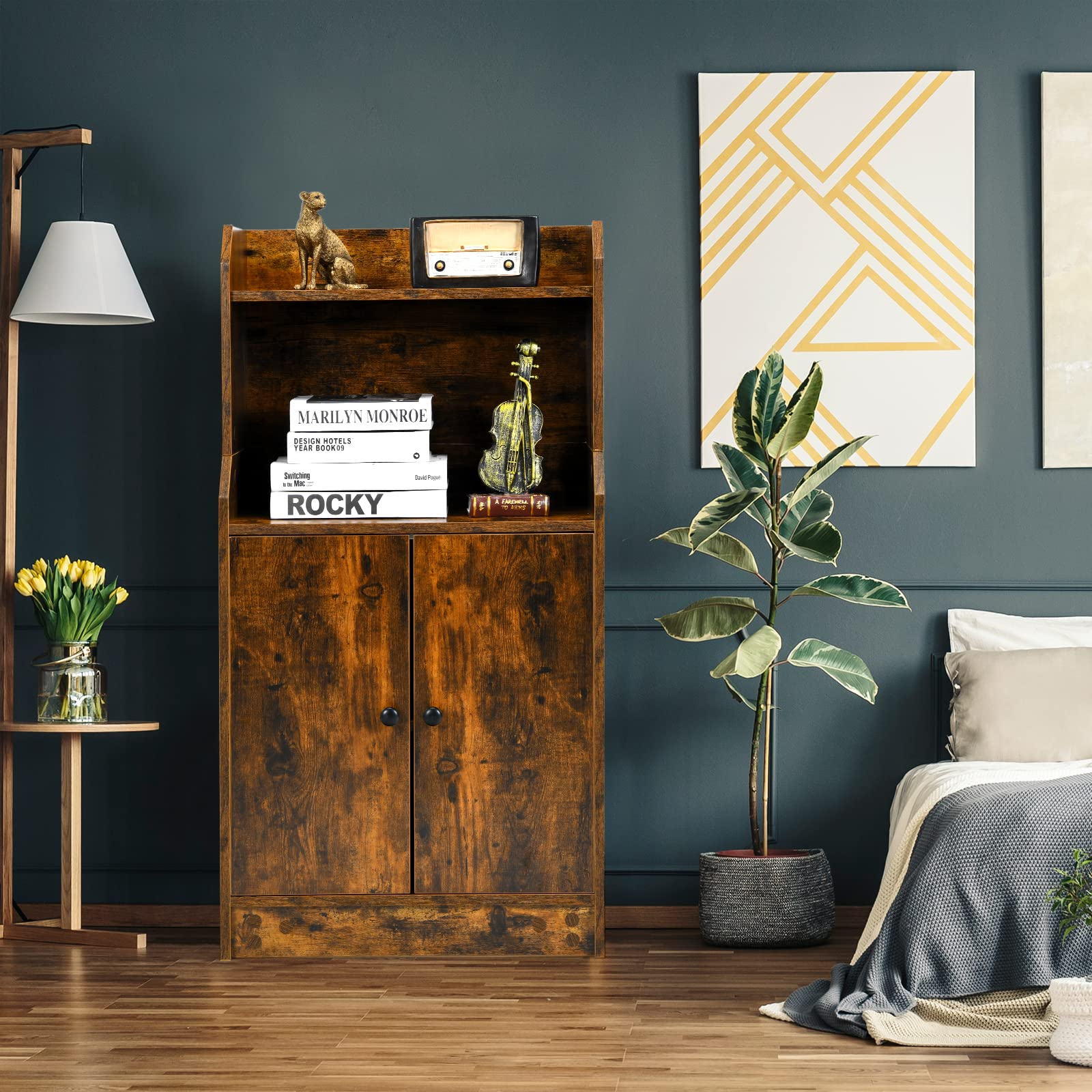 Rustic Brown 2 Doors Bookcase with Adjustable Shelf