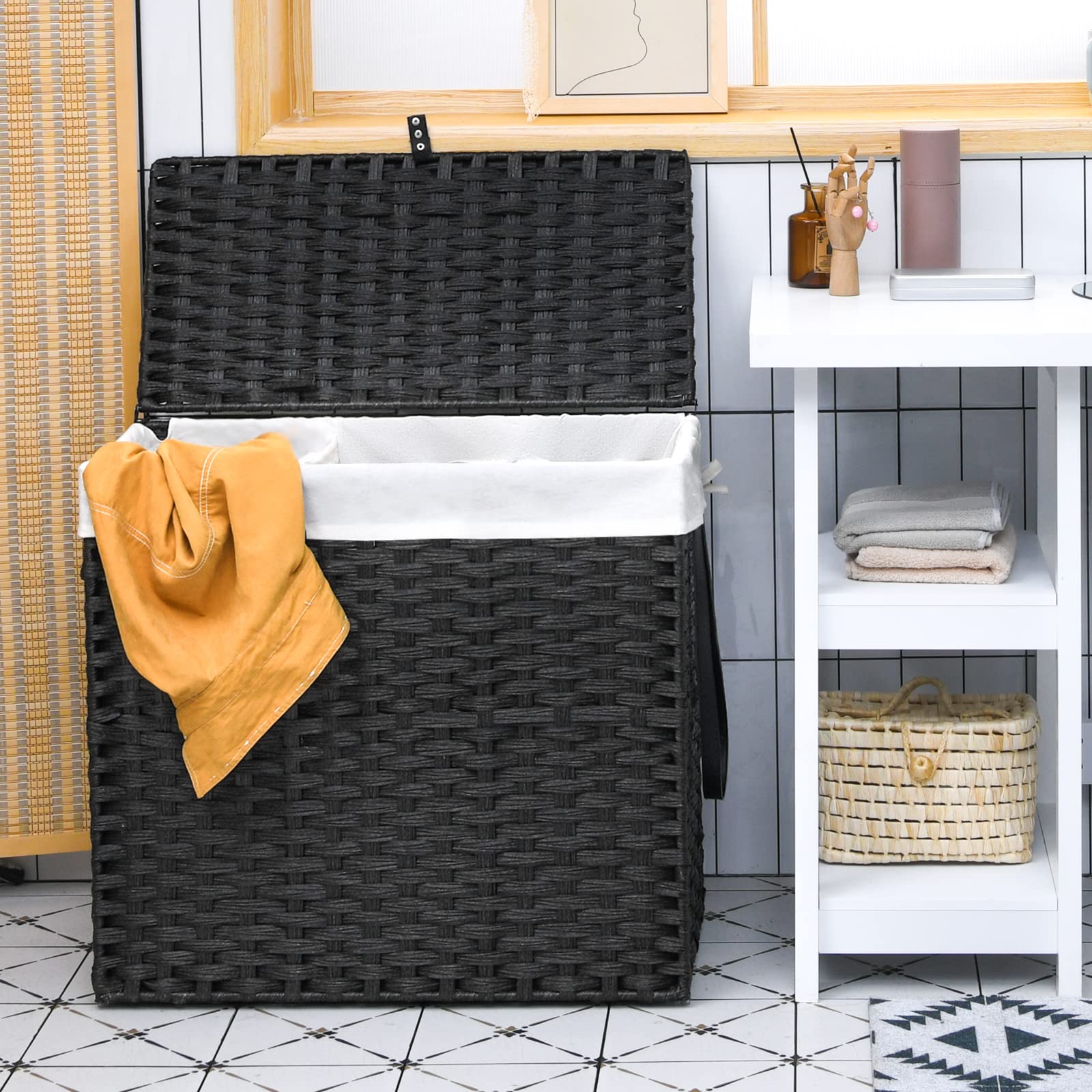 Giantex Laundry Hamper w/Wheels, 3 Section Hamper 125L w/2 Removable Liner Bags