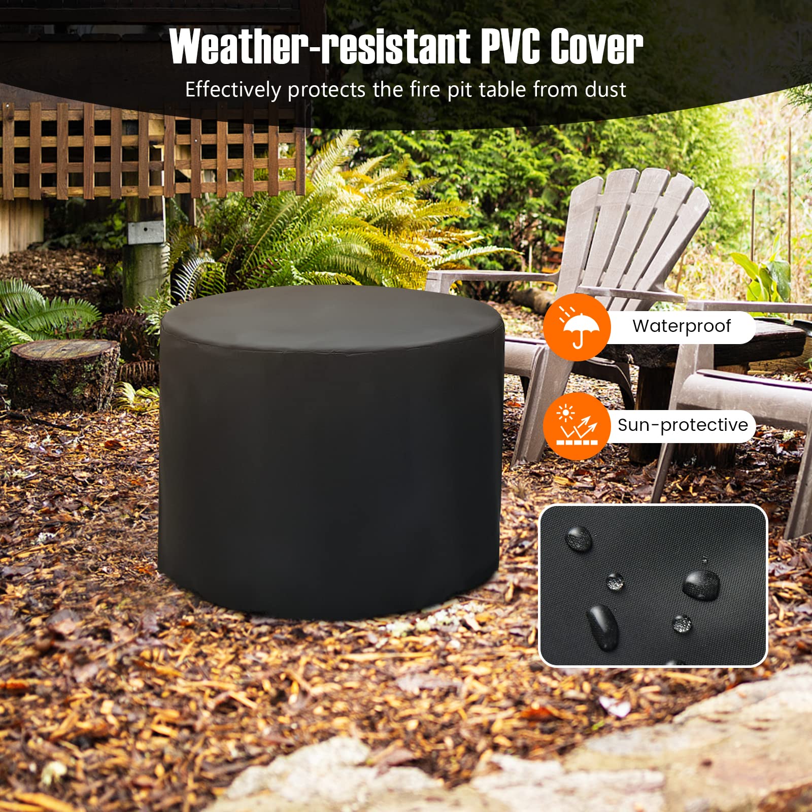 Giantex 33" Outdoor Fire Pit Table - 30,000 BTU Round Metal Fire Table with Lid, PVC Cover, Glass Stones