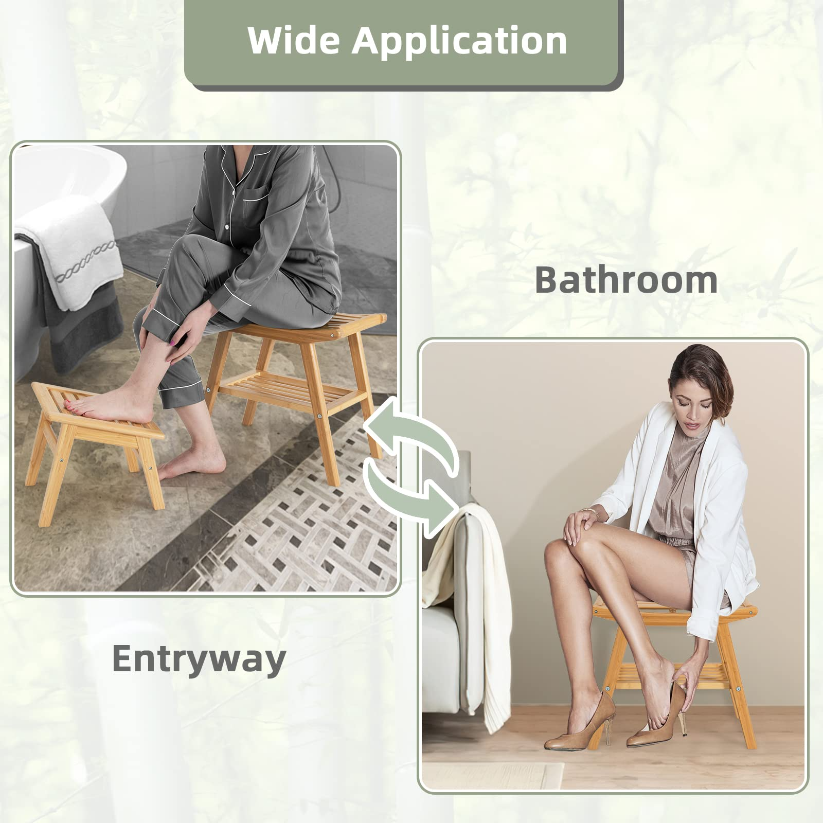 Bamboo Shower Bench with Foot Stool, Shower Seat Bench with Underneath Storage Shelf