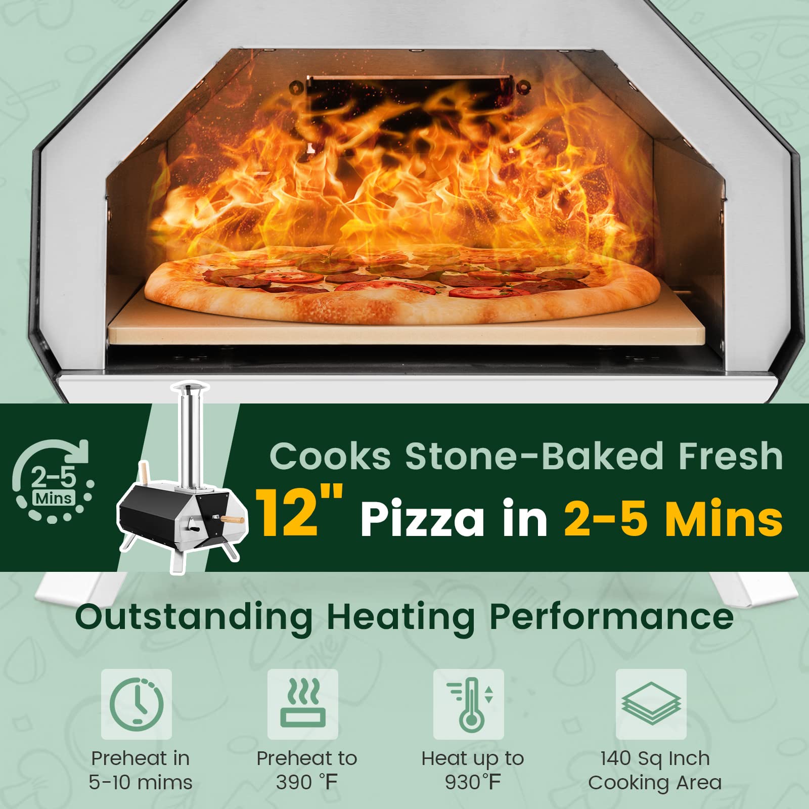 Giantex Outdoor Pizza Oven, Wood Pellet Fired Pizza Grill with 12'' Pizza Stone, Pizza Peel, (Black & Silver)