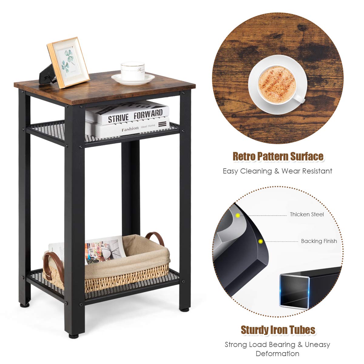 Side Table Industrial 3-Tier W/Mesh Shelves