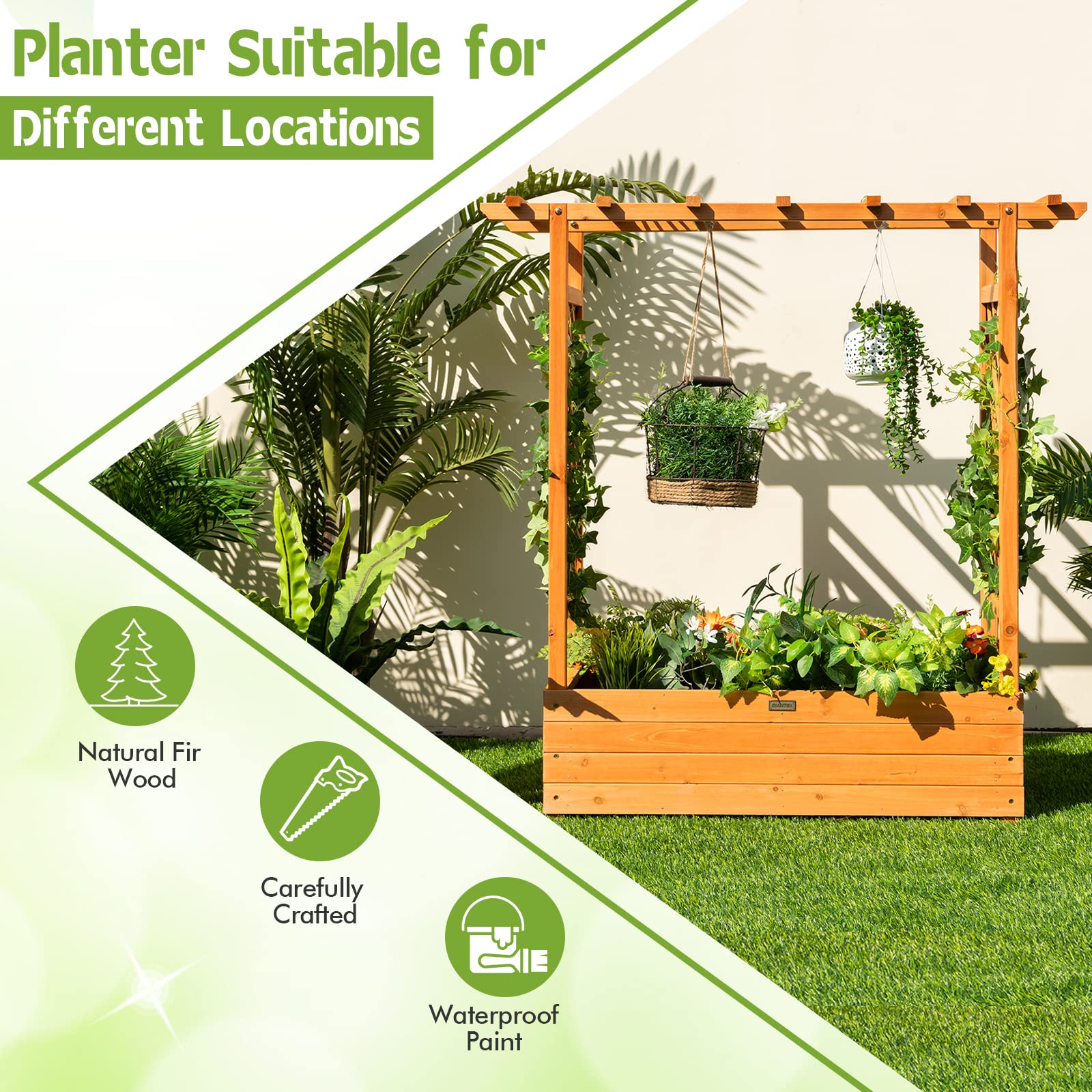 Giantex Raised Garden Bed with Trellis, Wood Planter Box with Roof & Side Trellis, Drain Holes