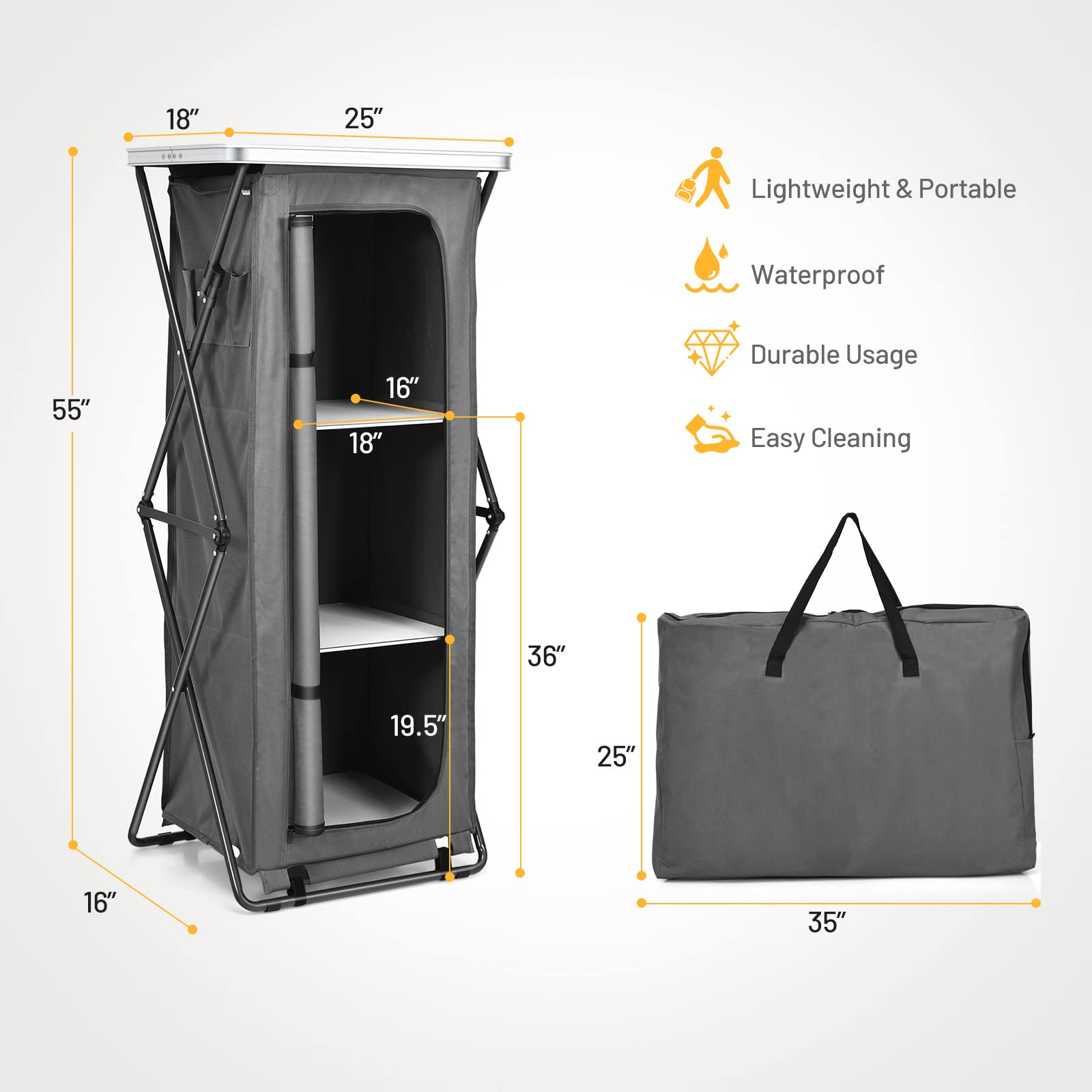 Folding Camping Storage Cabinet with 3 Shelves and Carry Bag