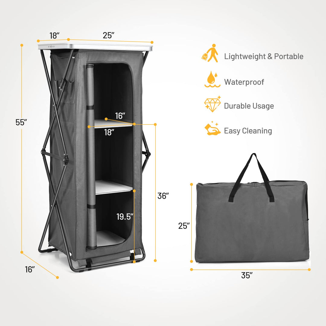 Folding Camping Storage Cabinet with 3 Shelves and Carry Bag