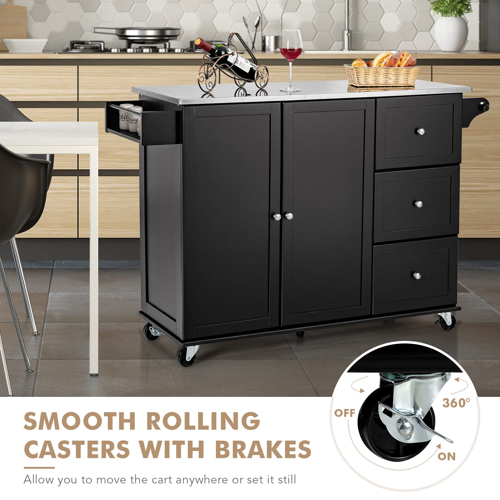 Giantex Kitchen Island with Stainless Steel Countertop, Dark Brown