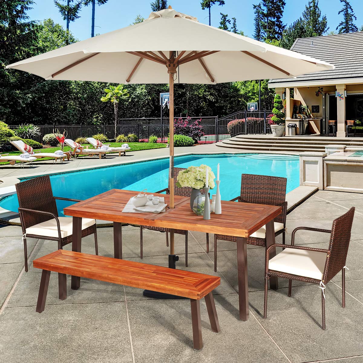 Patio Dining Table with Umbrella Hole, Outdoor Picnic Table for Backyard
