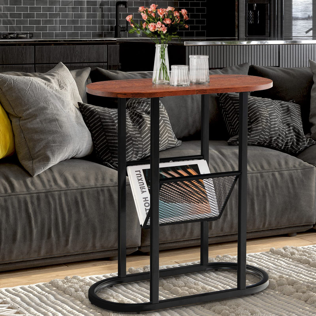 Giantex Oval Narrow Side Table, Small End Table with Magazine Rack Sling Holder Pouch