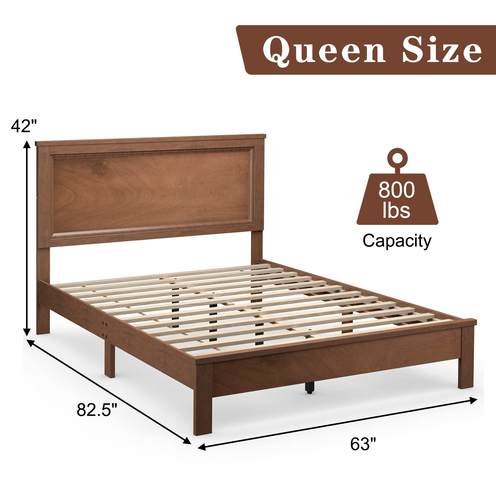 Platform Bed w/ Rubber Wood Legs & Integrated Headboard | Wooden Bed Frame
