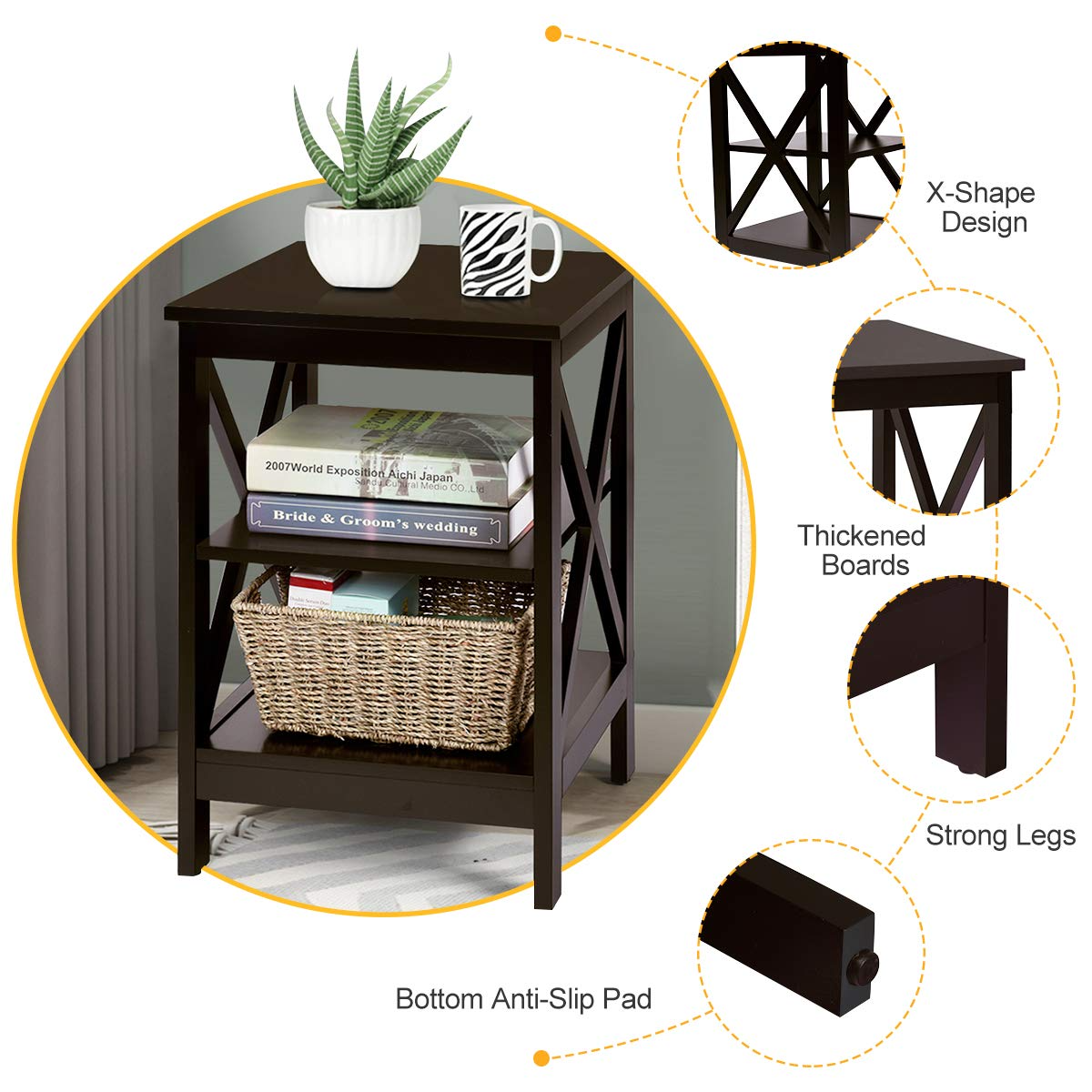 Nightstand 3-Tier X-Design W/Storage Shelves and Stable Structure Storage Organizer Display Sofa Side Table