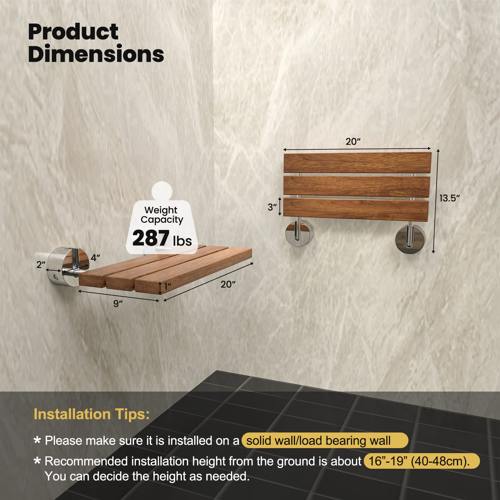Giantex 20" Teak Wood Folding Shower Seat Bench Folding Shower Seat