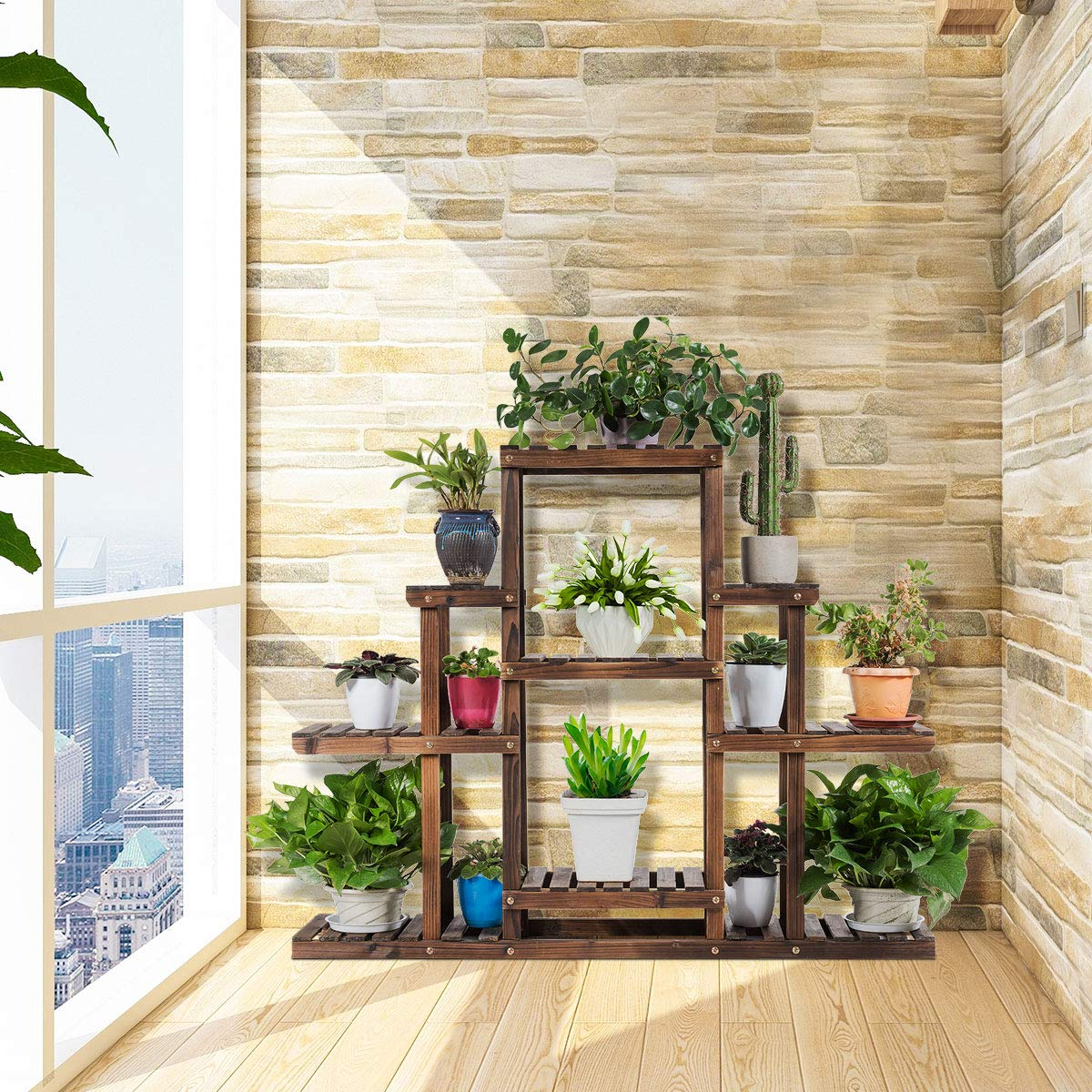 Giantex Flower Rack Wood Plant Stand Wood Shelves Bonsai Display Shelf