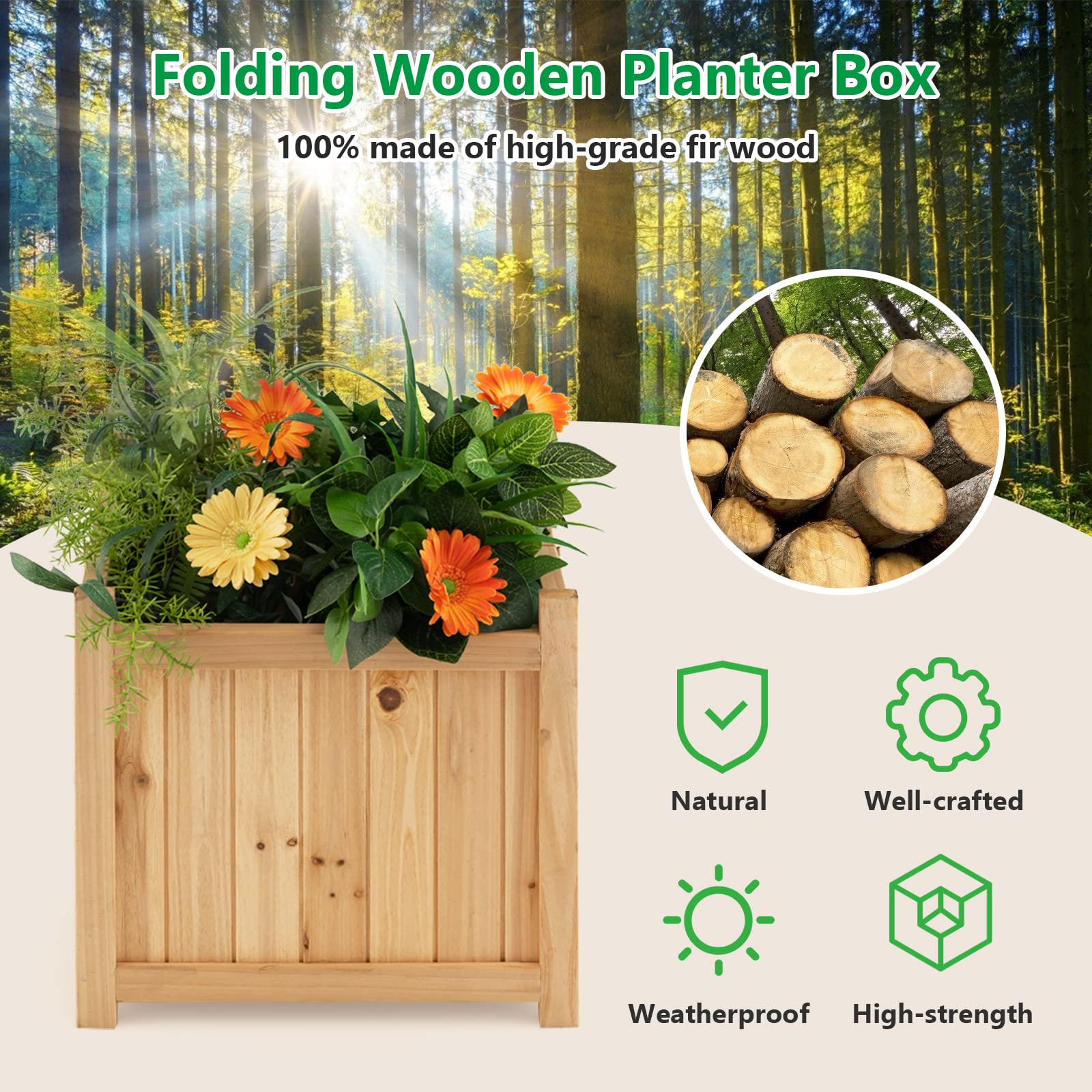 Giantex 15” Planter Raised Garden Bed - Wooden Planting Box, Outdoor Folding Square Planter