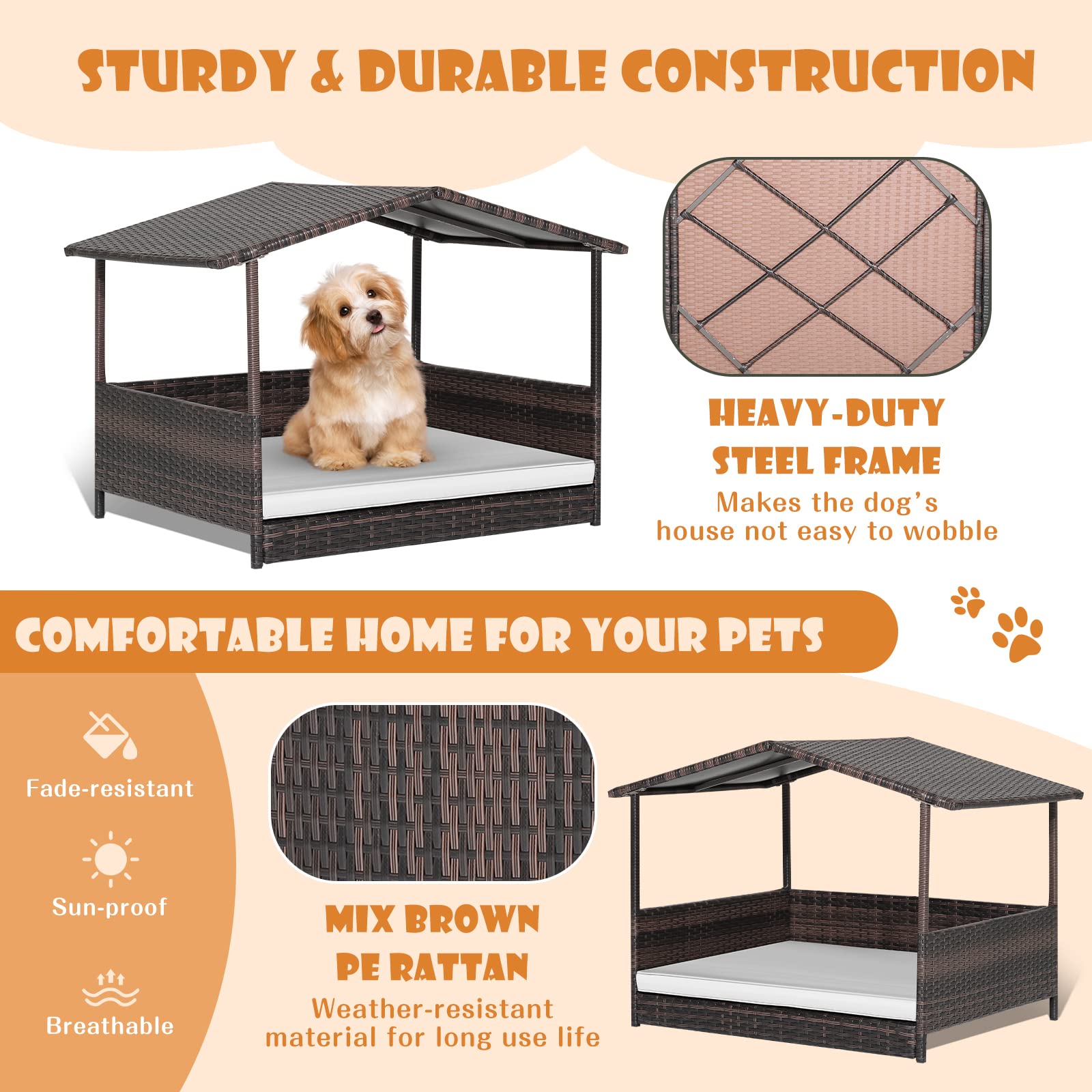 Giantex Wicker Dog House, Raised Rattan Dog Bed with Roof, Removable Cushion and Steel Frame