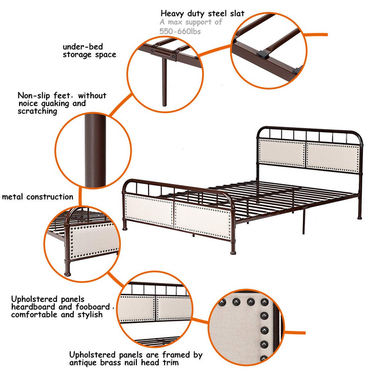 Queen Size Vintage Metal Platform Bed with Button Tufted Headboard & Footboard