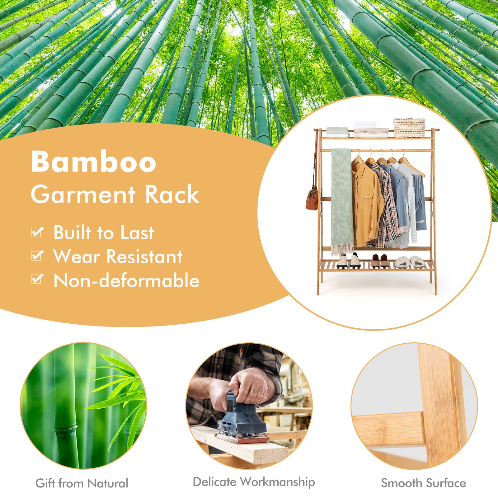 Giantex 3 Tier Bamboo Clothing Rack with Shelves, Heavy Duty Freestanding Clothes Organizer Rack with Coat Hooks