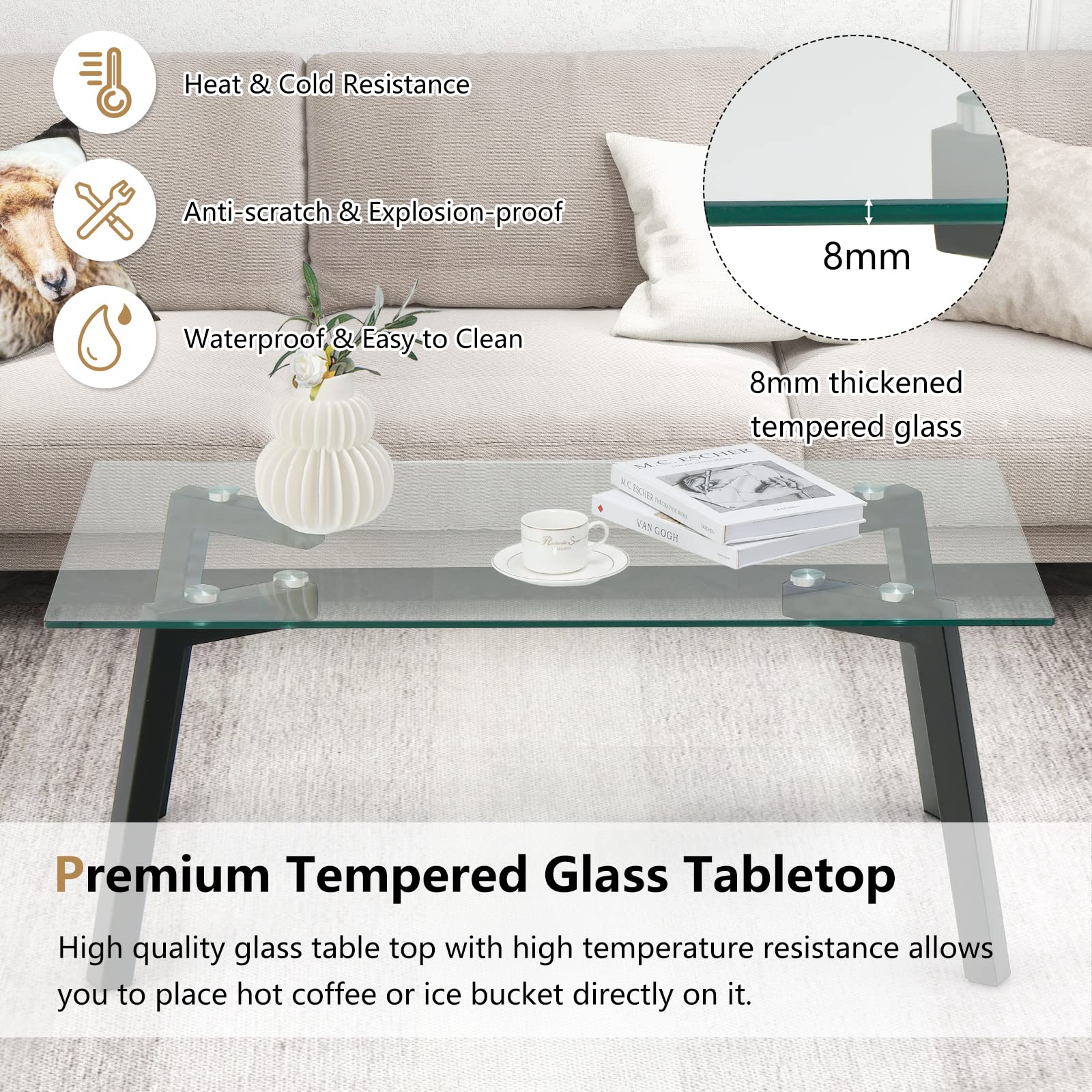 Giantex Rectangular Tempered Glass Coffee Table - Glass-top Tea Table w/Metal Legs