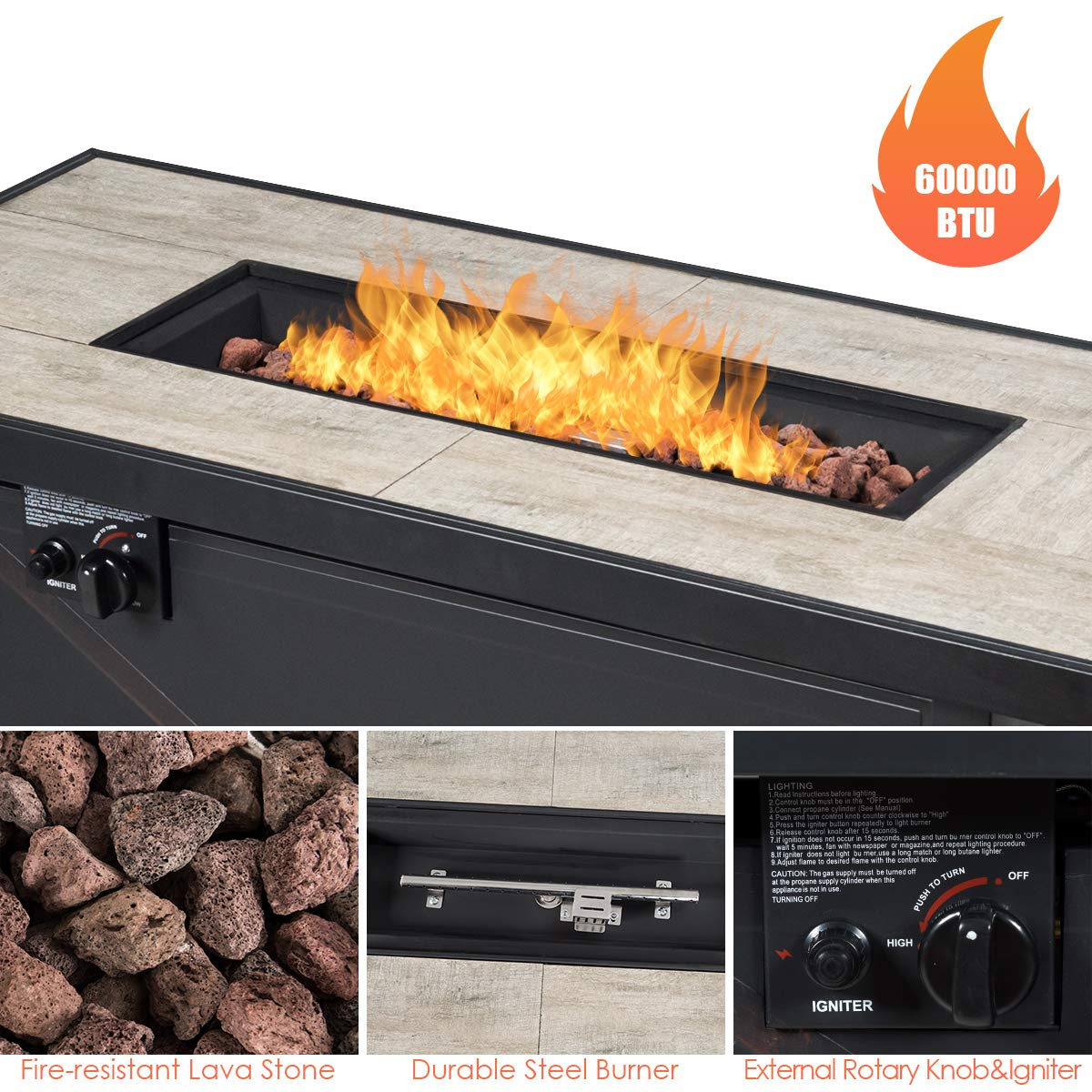 Giantex Gas Fire Pit Table w/ Ceramic Tabletop, 42 Inch 60,000 BTU Rectangular Propane Fire Pit Table