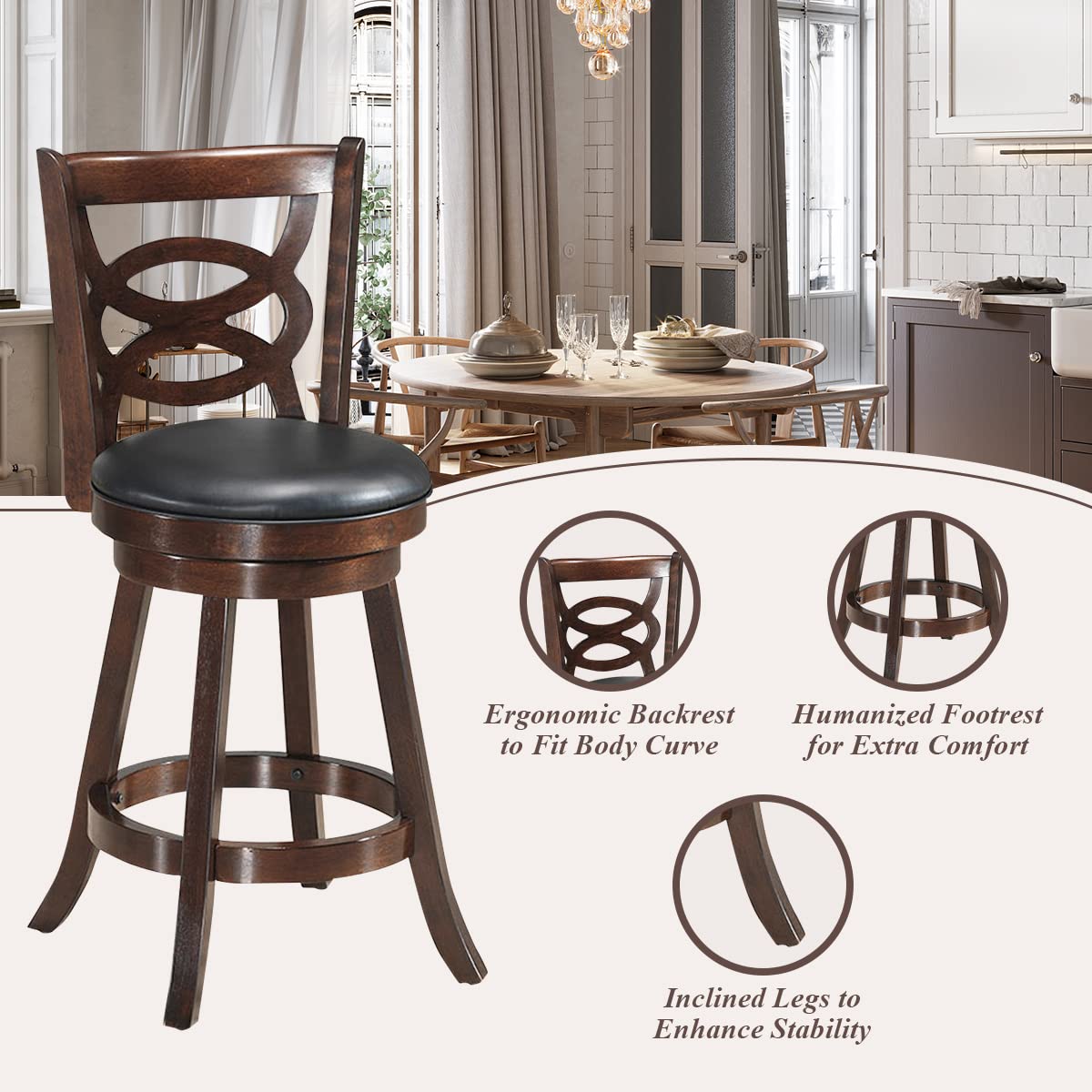 Giantex Bar Stools, Counter Height Dining Chair, Fabric Upholstered 360 Degree Swivel