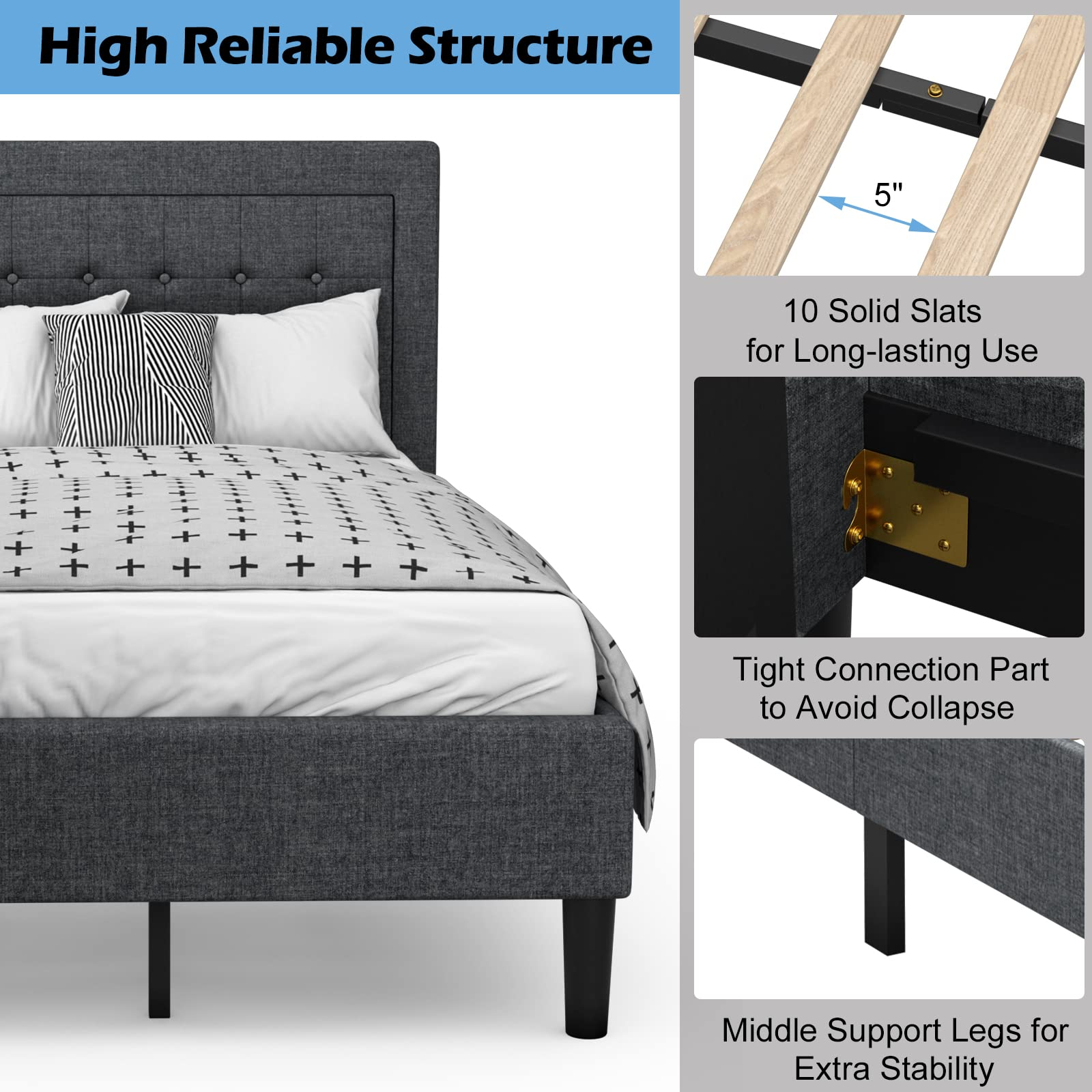 Modern Platform Bed w/Button Tufted Headboard | Upholstered Bed Frame