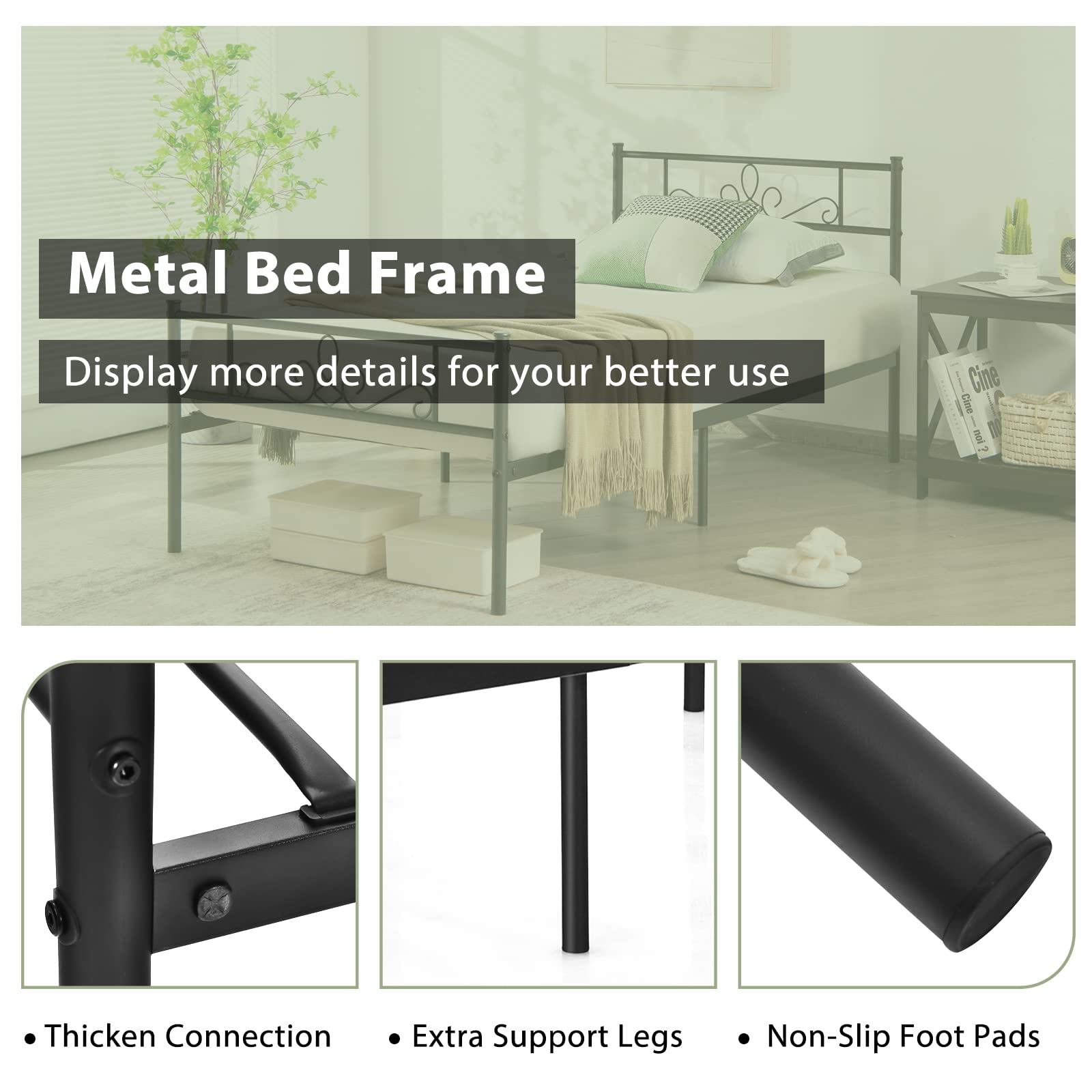 Mattress Foundation w/Heavy Duty Steel Slat Support, No Box Spring Needed