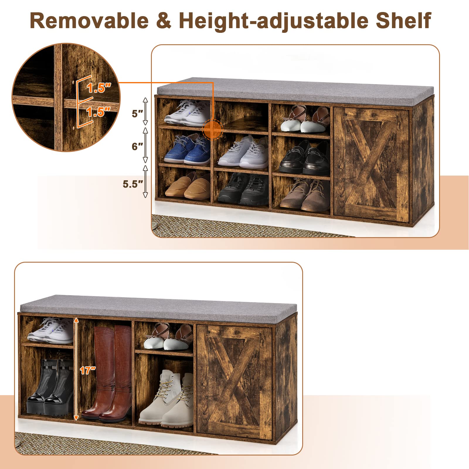 Giantex Shoe Bench, 3 Tier 9 Cubes Storage Bench with Adjustable Shelves (Rustic Brown)