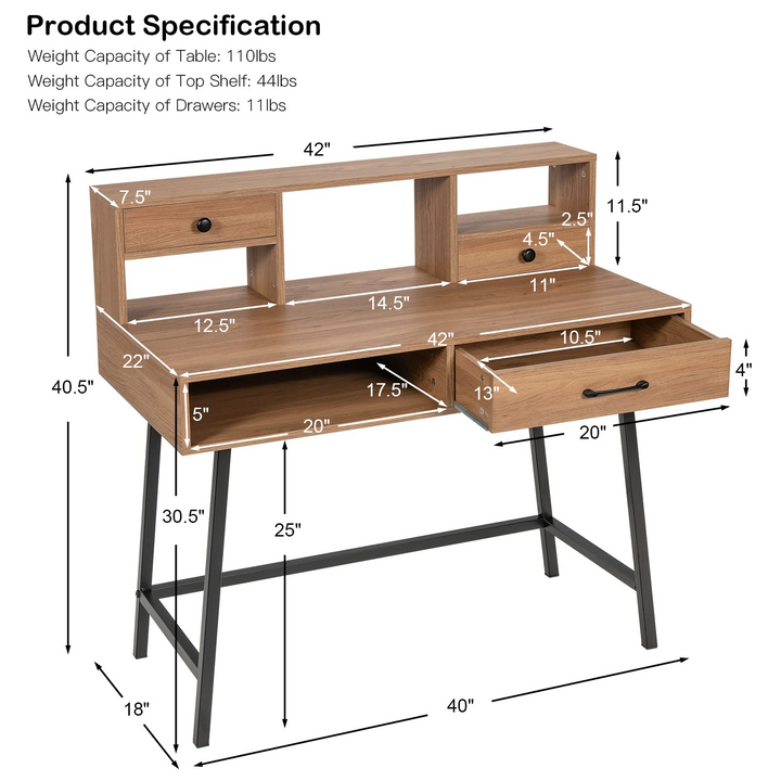 CHARMAID 42'' Vanity Table with Large Drawer, 2 Small Drawers, Desktop Shelf