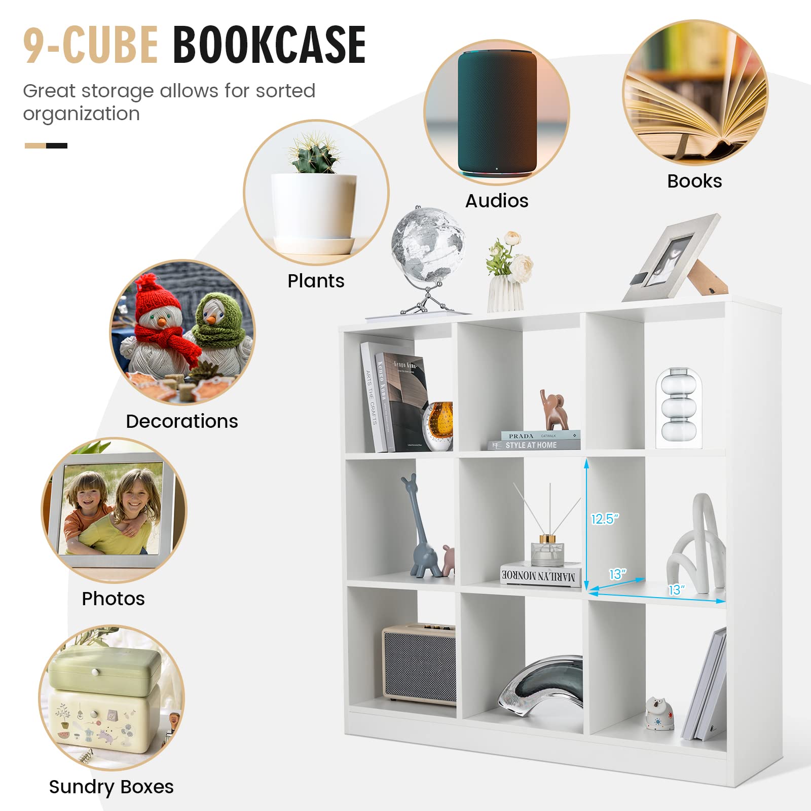 Giantex 9-Cube Bookcase White - 4-Tier Freestanding Open Bookshelf