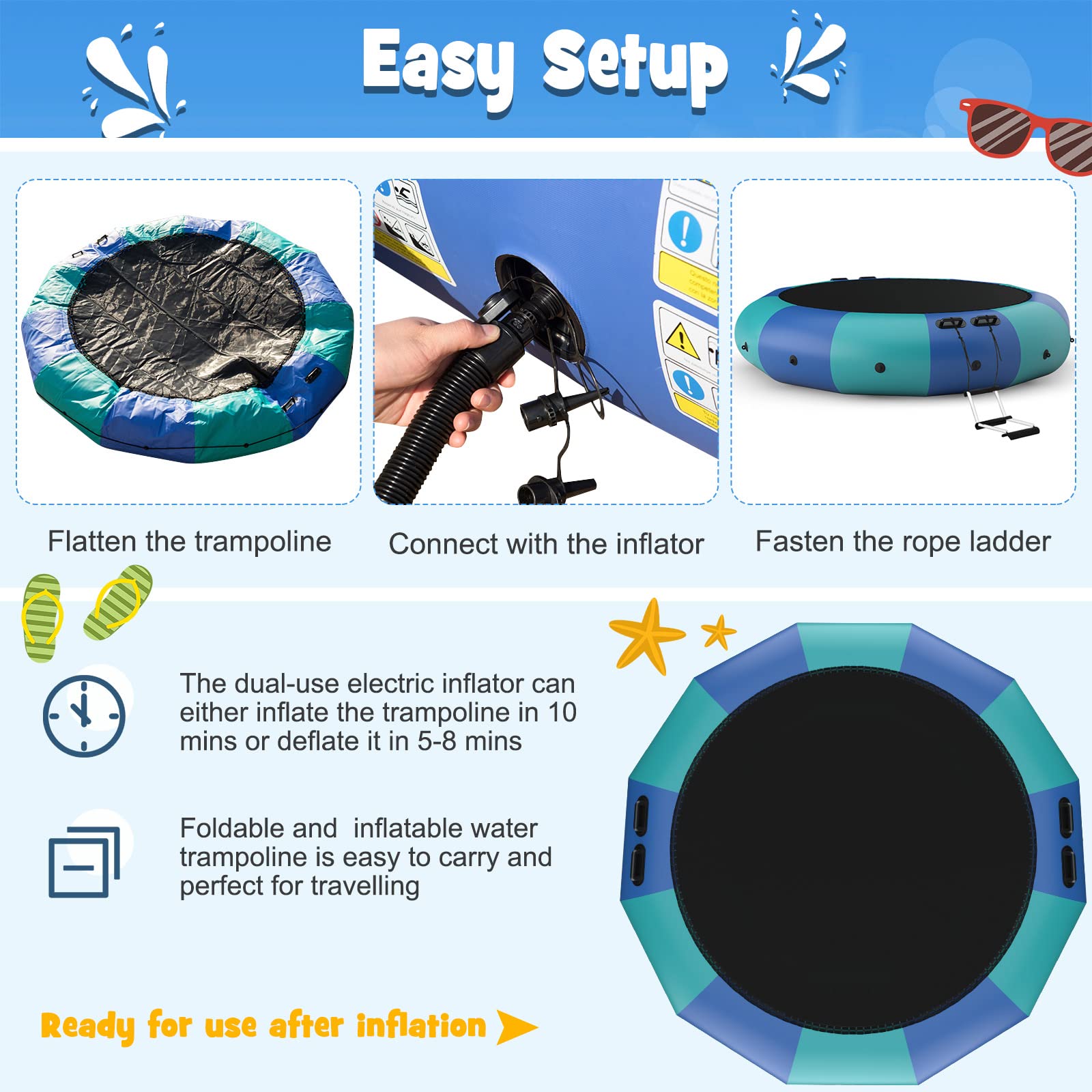 Giantex 10Ft 12Ft 15Ft Inflatable Water Trampoline, Floating Rebounder Trampoline with 500W Blower and 3-Step Rope Ladder