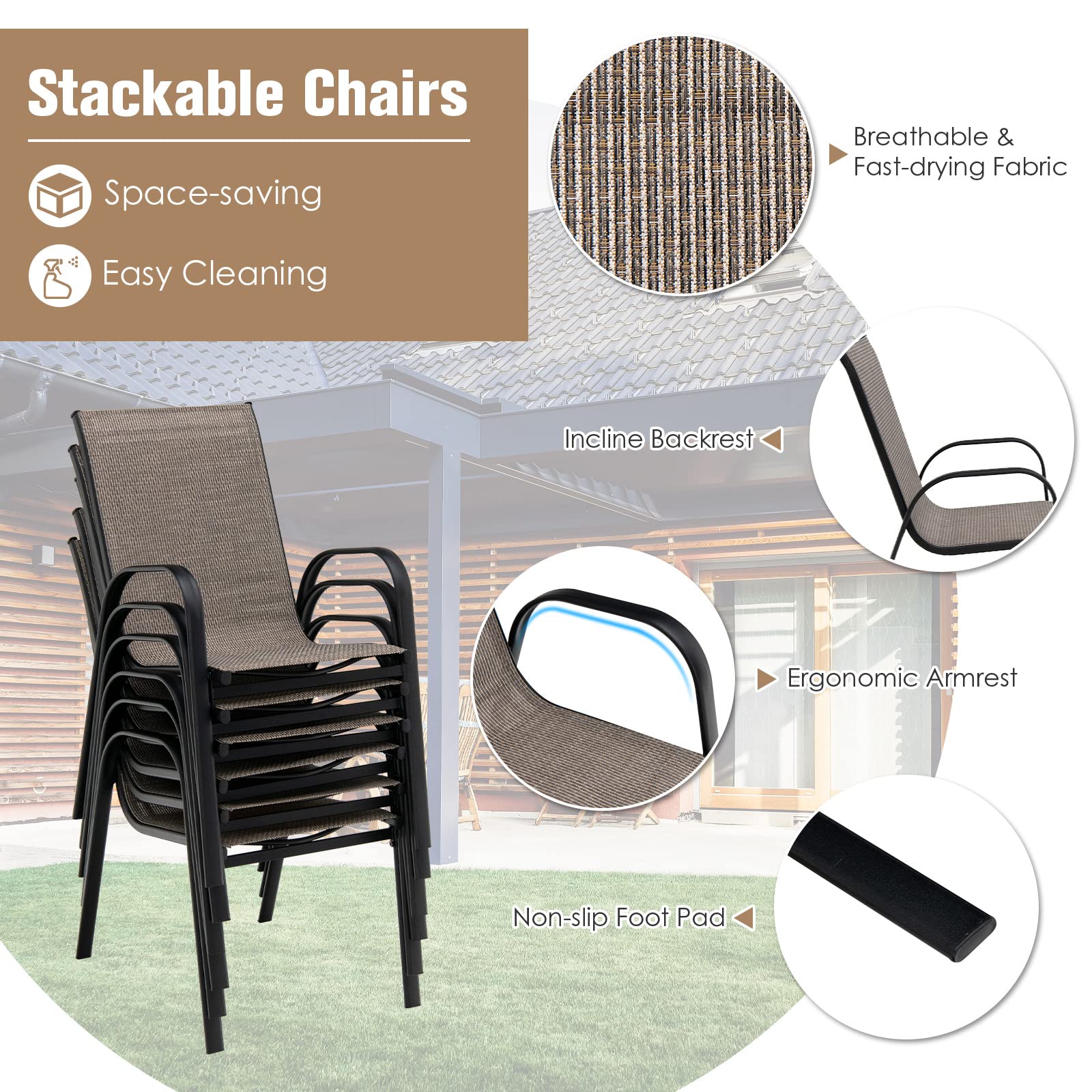 Giantex Set of 6 Patio Chairs, Stackable Outdoor Dining Chairs, with Curved Armrests and Breathable Fabric