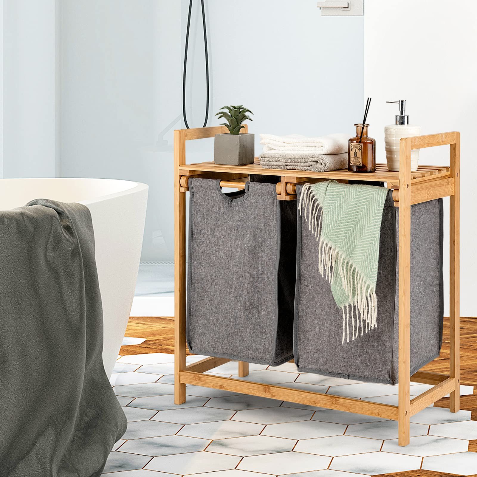 Bamboo Laundry Hamper with Dual Compartments
