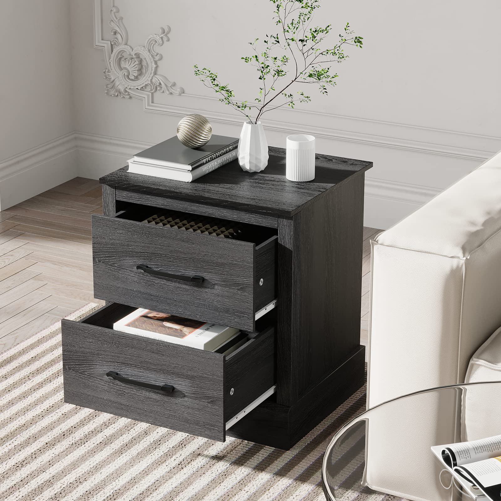 Giantex Farmhouse Nightstand Set of 2, Wood Bedside Table with 2 Storage Drawers