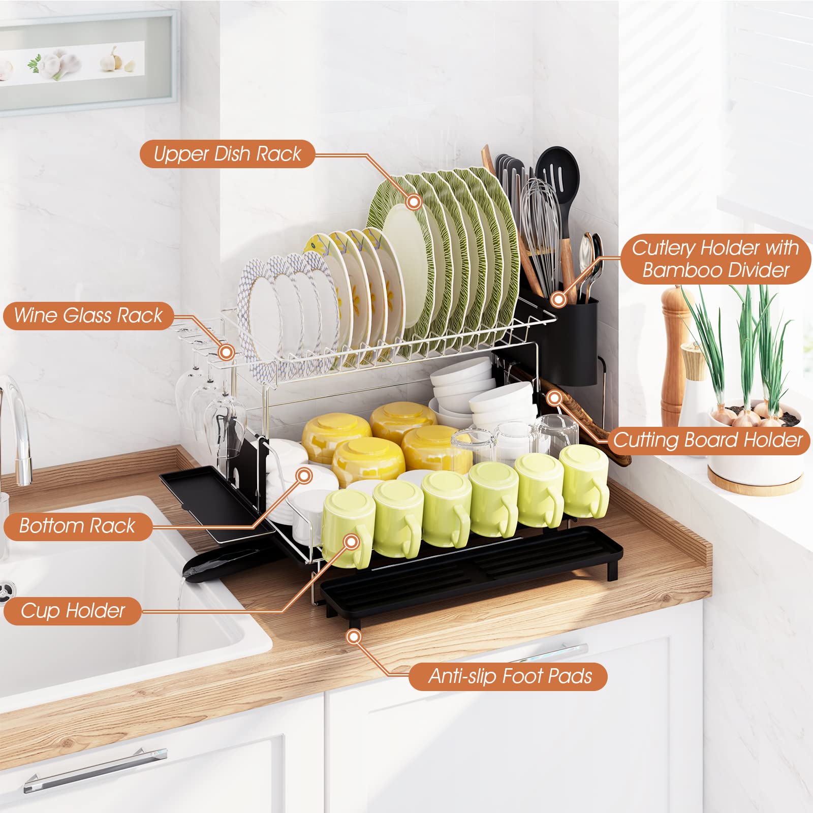 Dish Drying Rack, Large Kitchen Dish Rack and Drainboard Set with Easy  Install