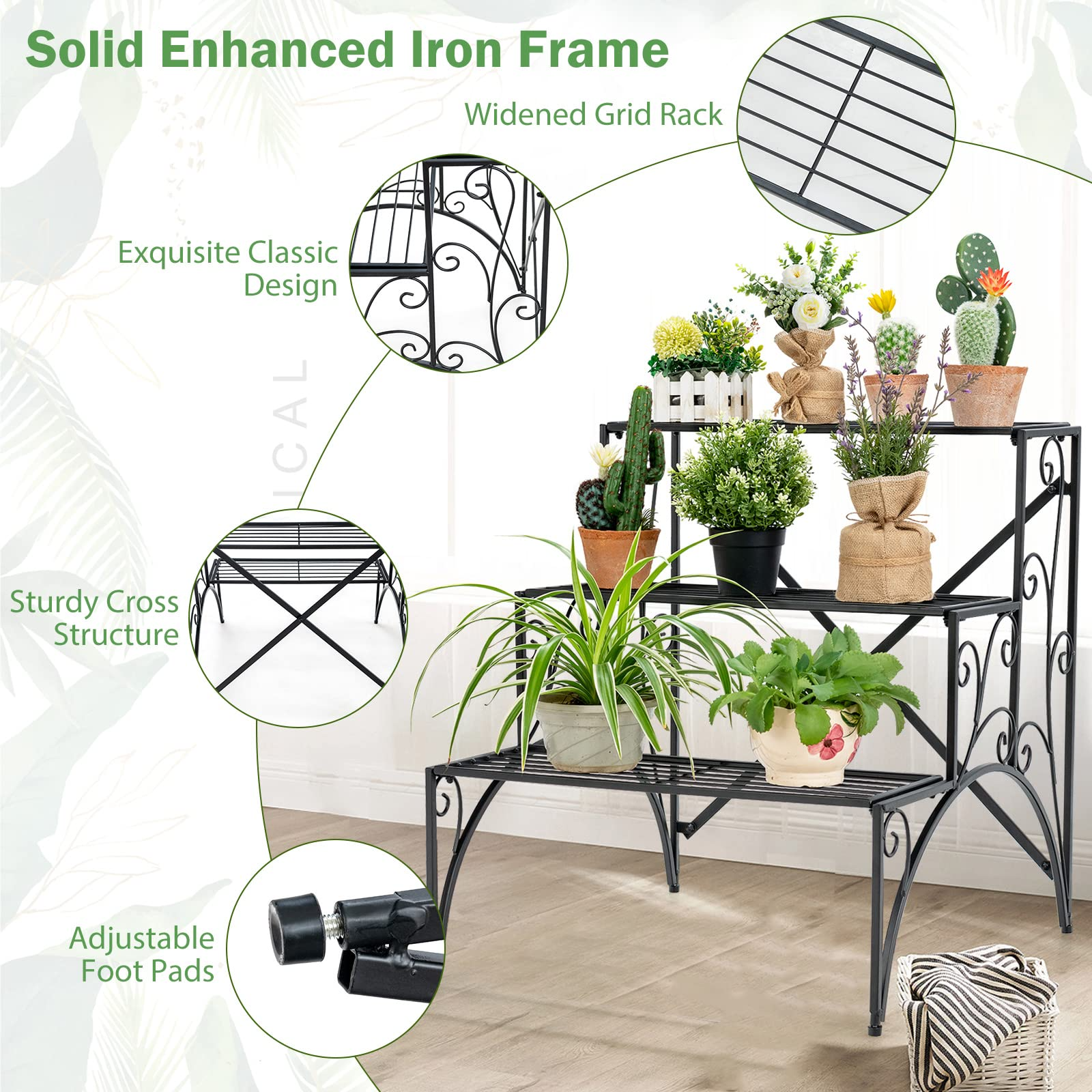 Ladder Style Flower Pot Stand with Widened Grid Shelf & Non-Slip Foot Pads, 3 Tier