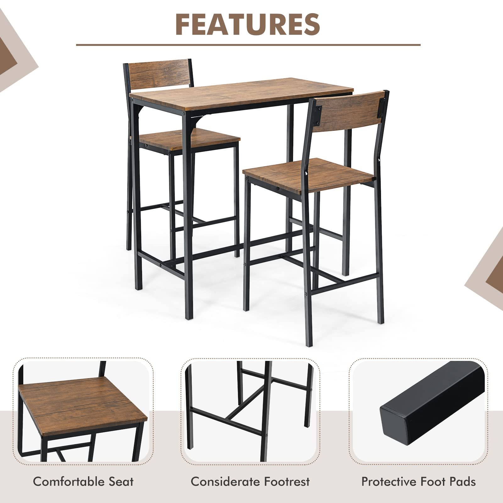 Giantex 3 Piece Pub Table Set, Bar Table and Chairs Set of 2, Rustic Brown
