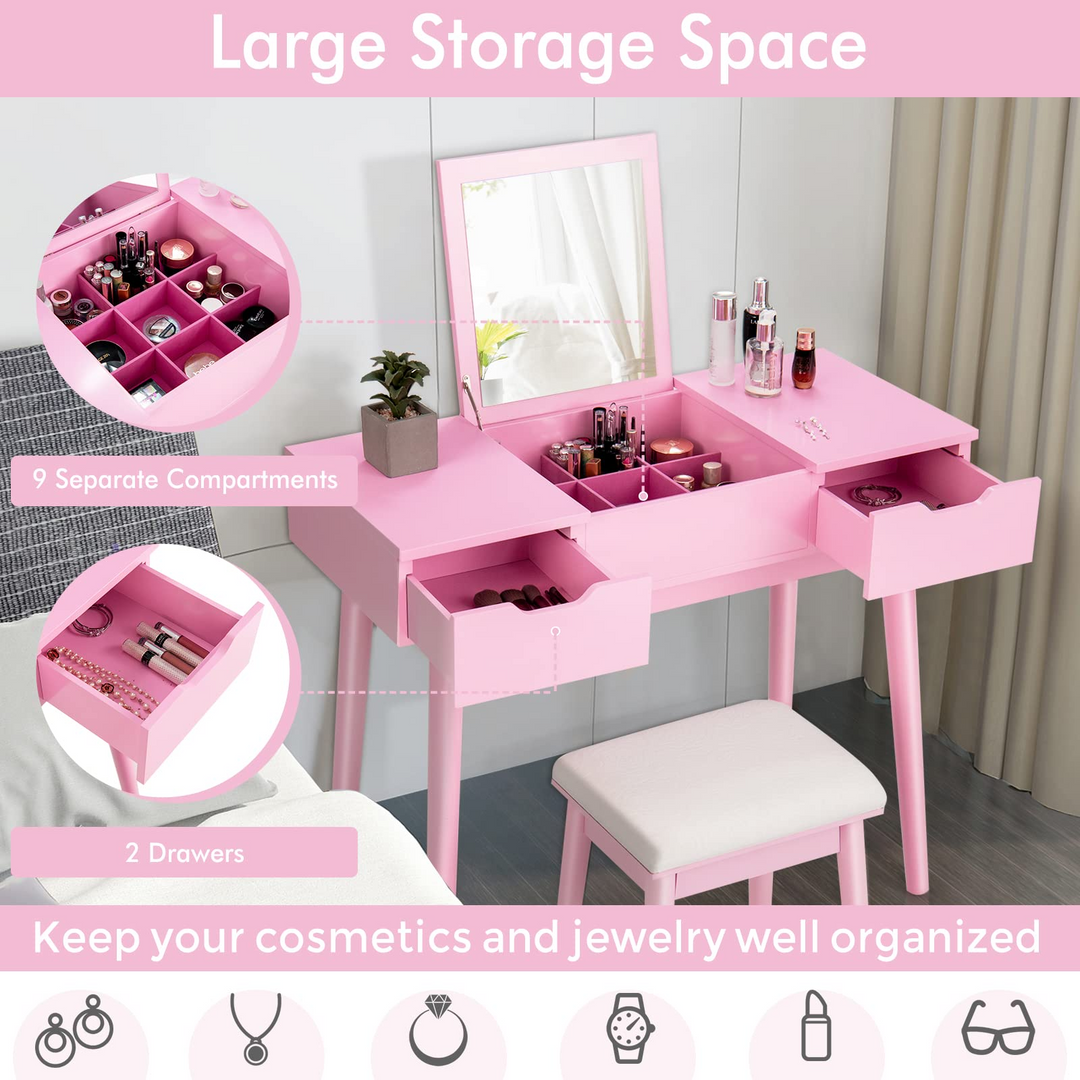 CHARMAID Vanity Set with Flip Top Mirror, 2 Drawers and 9 Storage Compartments