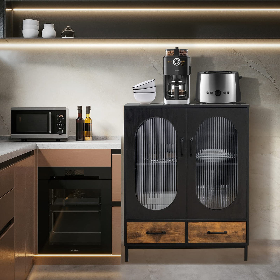 Giantex Buffet Cabinet with 2 Drawers, Wooden Sideboard, Standing 2-Tier Cupboard (Black & Brown)